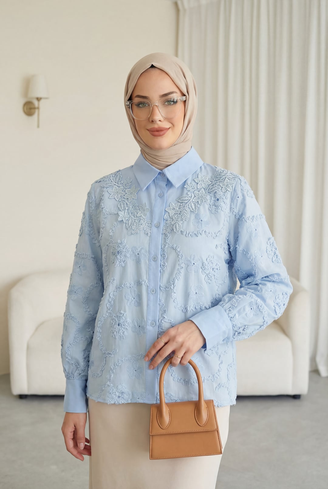 Floral Embroidered Scallop Button Blouse - Baby Blue - Podyumplus - by Peralane - photo 3