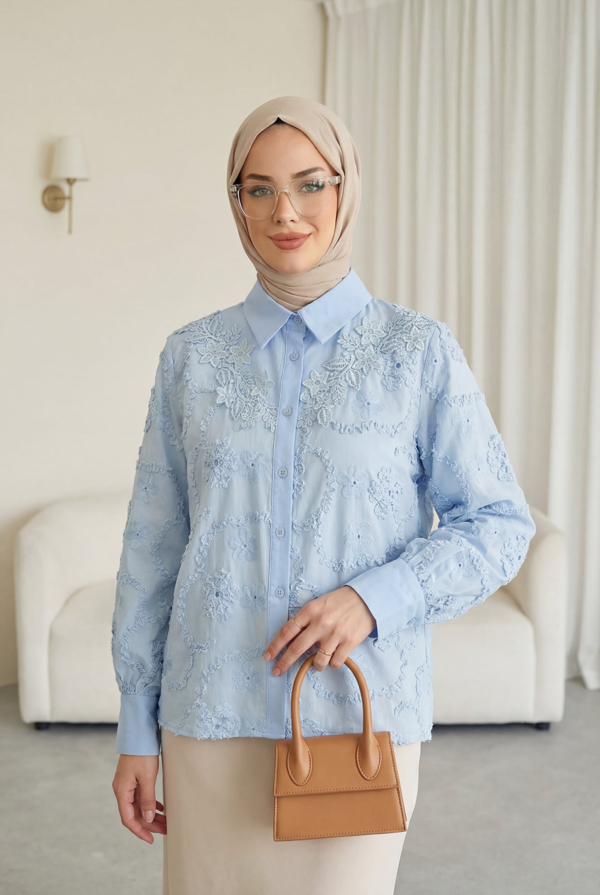 Floral Embroidered Scallop Button Blouse - Baby Blue - Podyumplus - by Peralane - photo 3