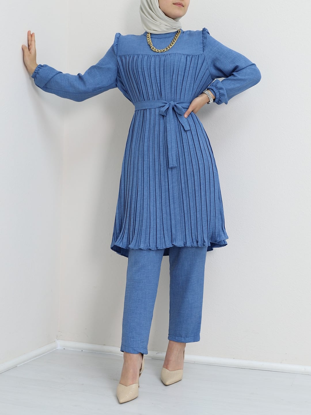Ruffled Yoke Pleated Belted Tunic and Trousers Set - Blue - Podyumplus - by Peralane - photo 2