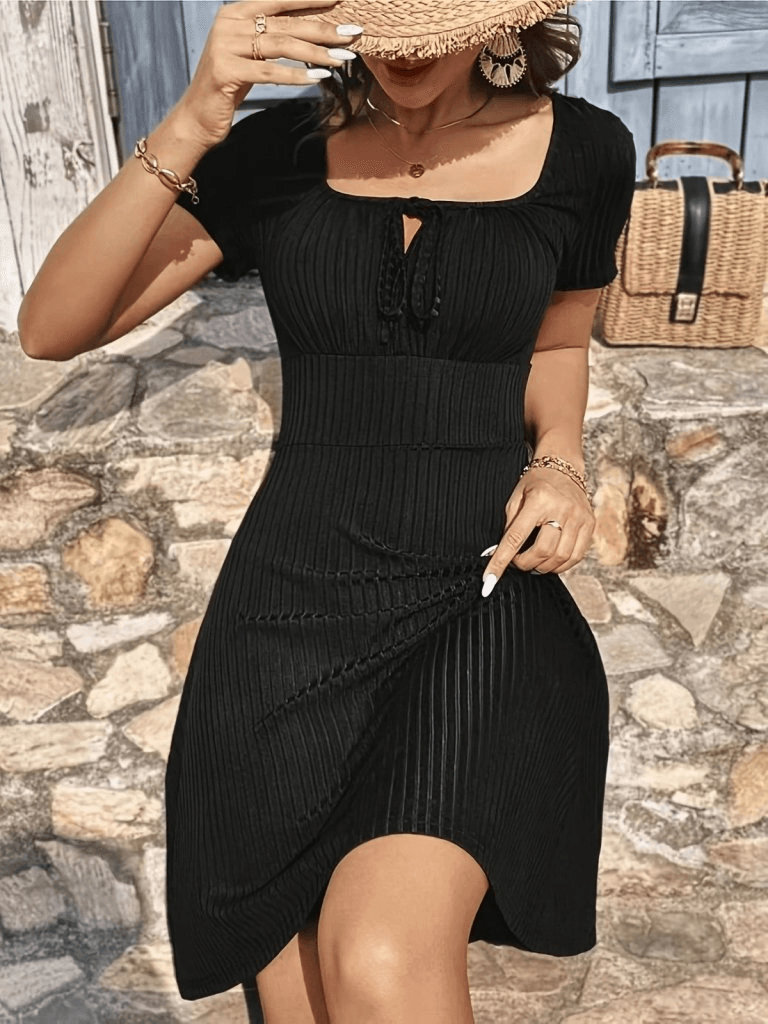 Women's Short Sleeve Square Neck Tie Detail Ribbed Knit Dress - Janes - by Peralane - photo 4