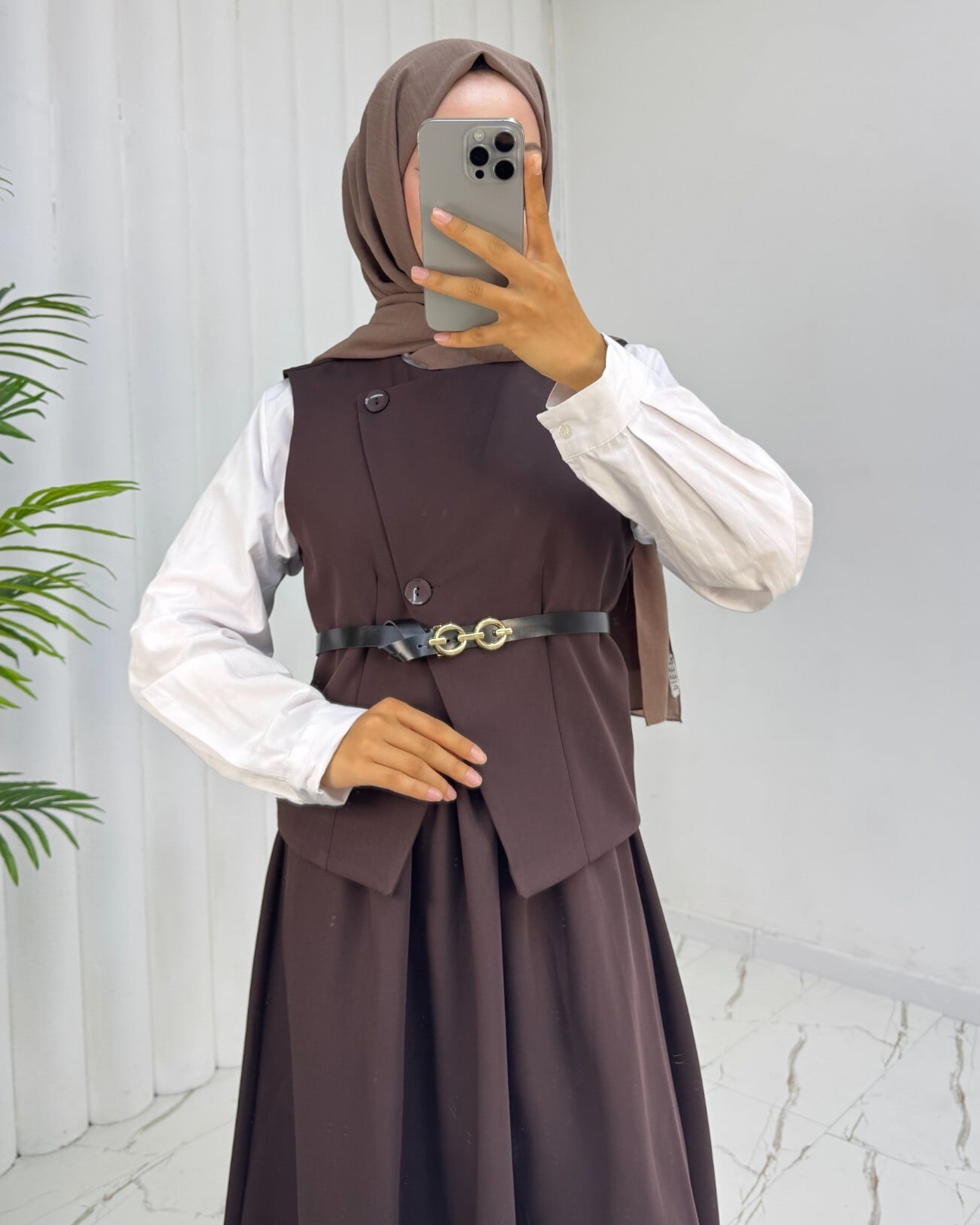 Cross Button Belted Vest and Skirt Set in Brown | Modest Two-Piece Set - Podyumplus - by Peralane - photo 4