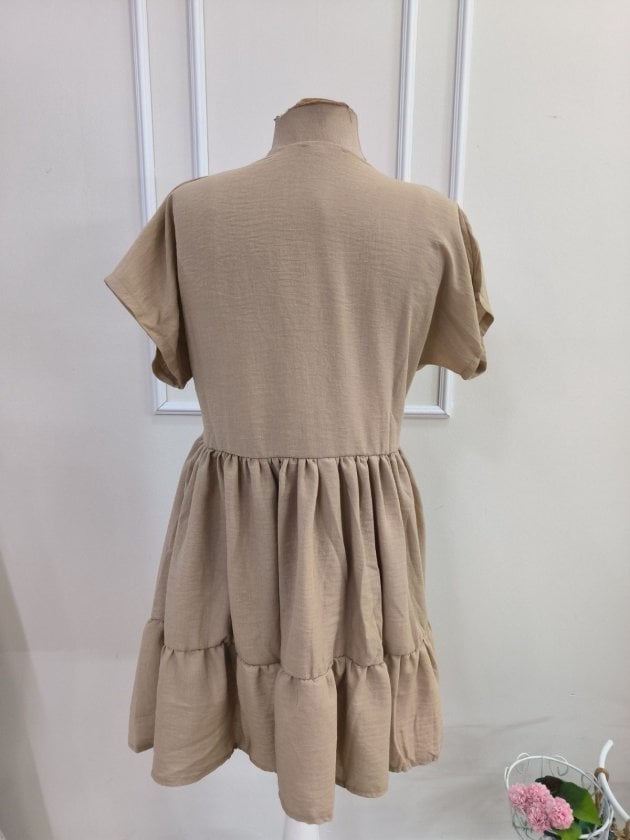 Women's Beige V-Neck Short Sleeve Flutter Sleeve Tiered Ruffle Dress - Janes - by Peralane - photo 6
