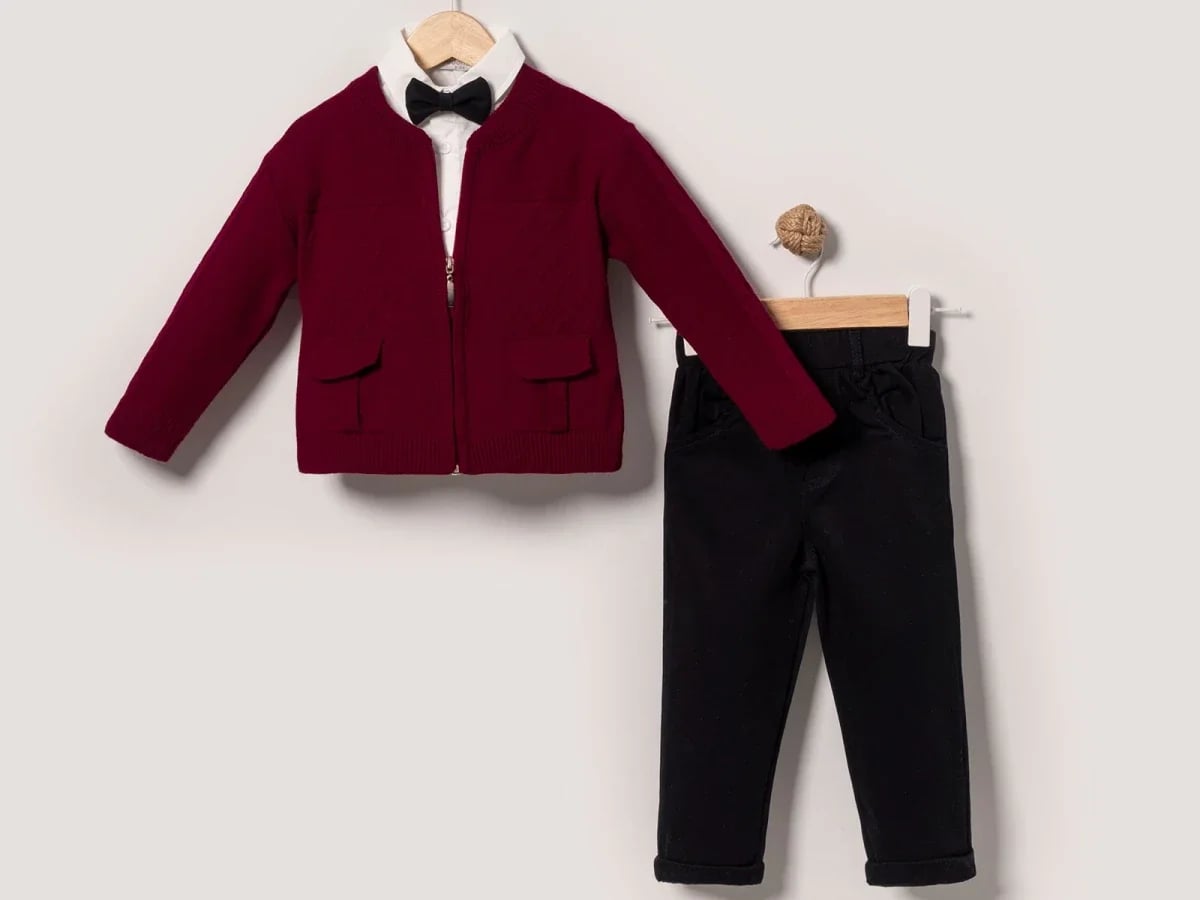 Boys' 3-Piece Set with Bow Tie Detail Cardigan - Burgundy - Eymus - by Peralane