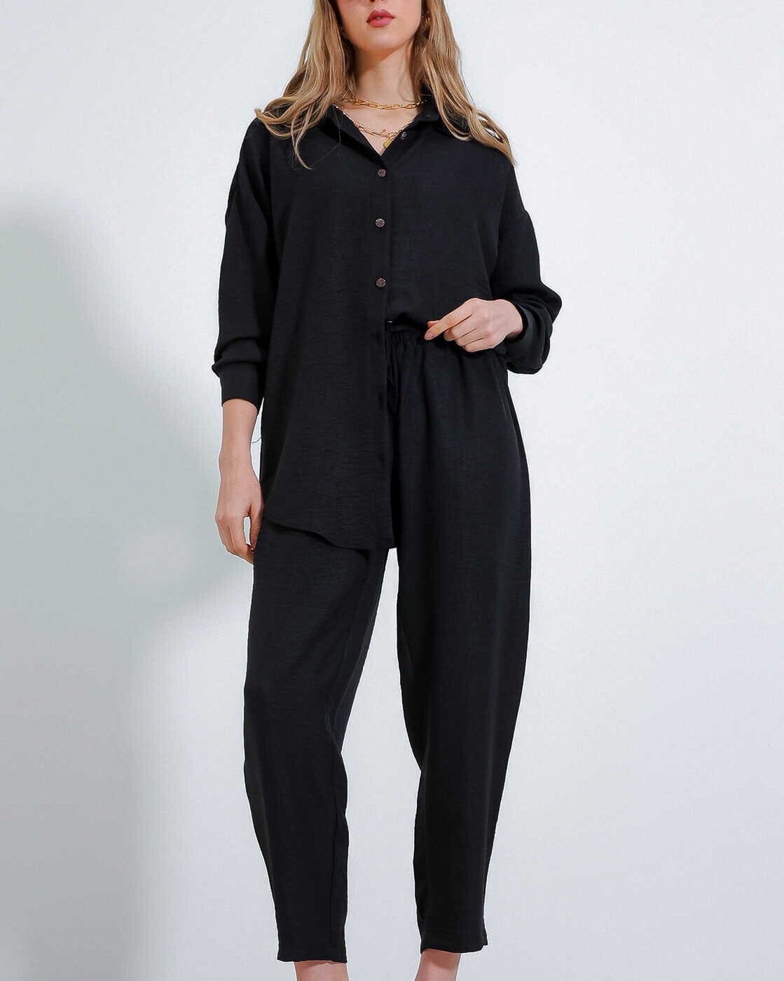 Women's Black Linen Two-Piece Lounge Set with Shirt and Trousers - Bigdart - by Peralane - photo 3