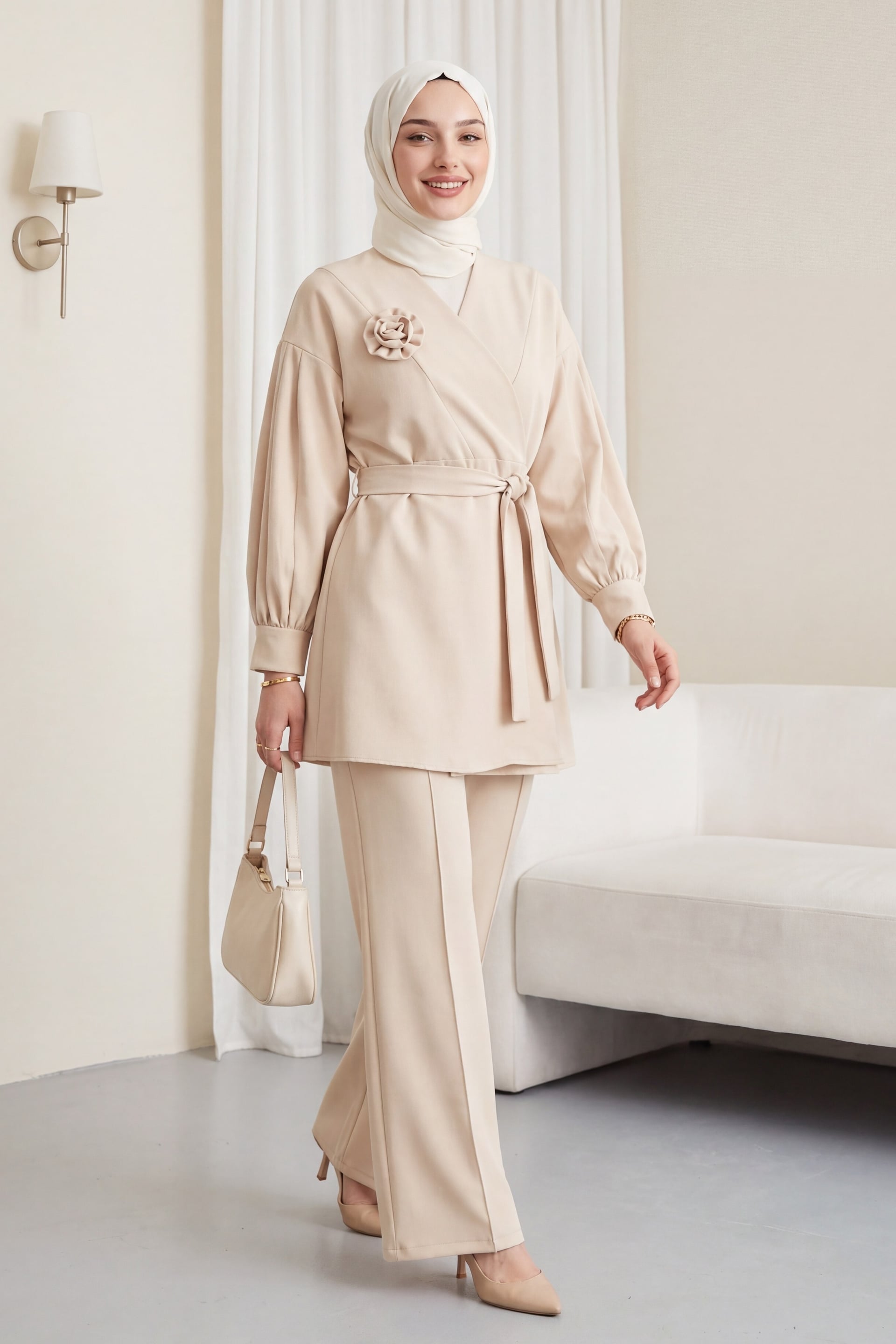 V-Neck Rose Brooch Belted Balloon Sleeve Pleated Waist Elastic Trousers Co-ord Set - Beige - Podyumplus - by Peralane - photo 6