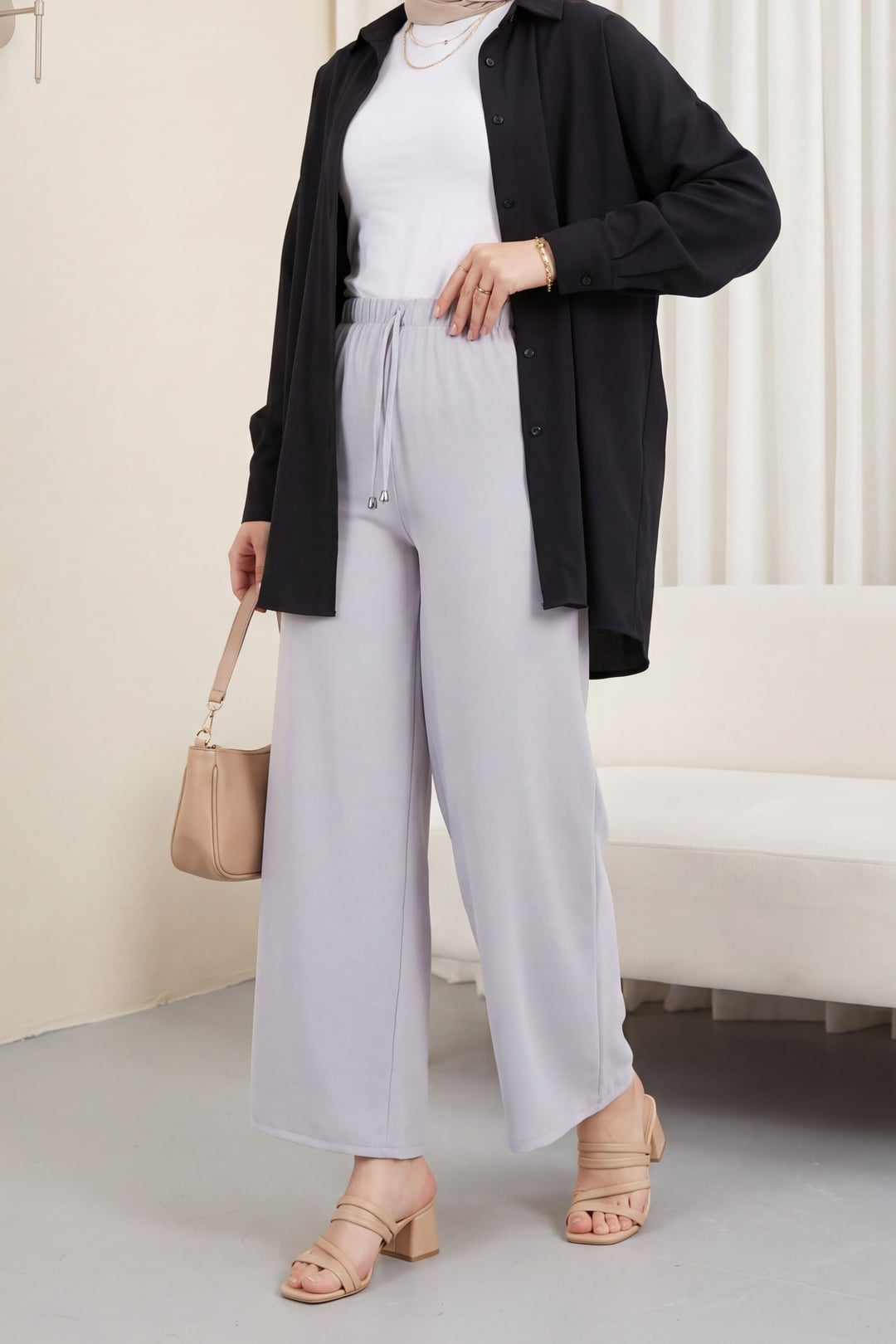 Drawstring Wide-Leg Elastic Waist Trousers - Grey - Podyumplus - by Peralane