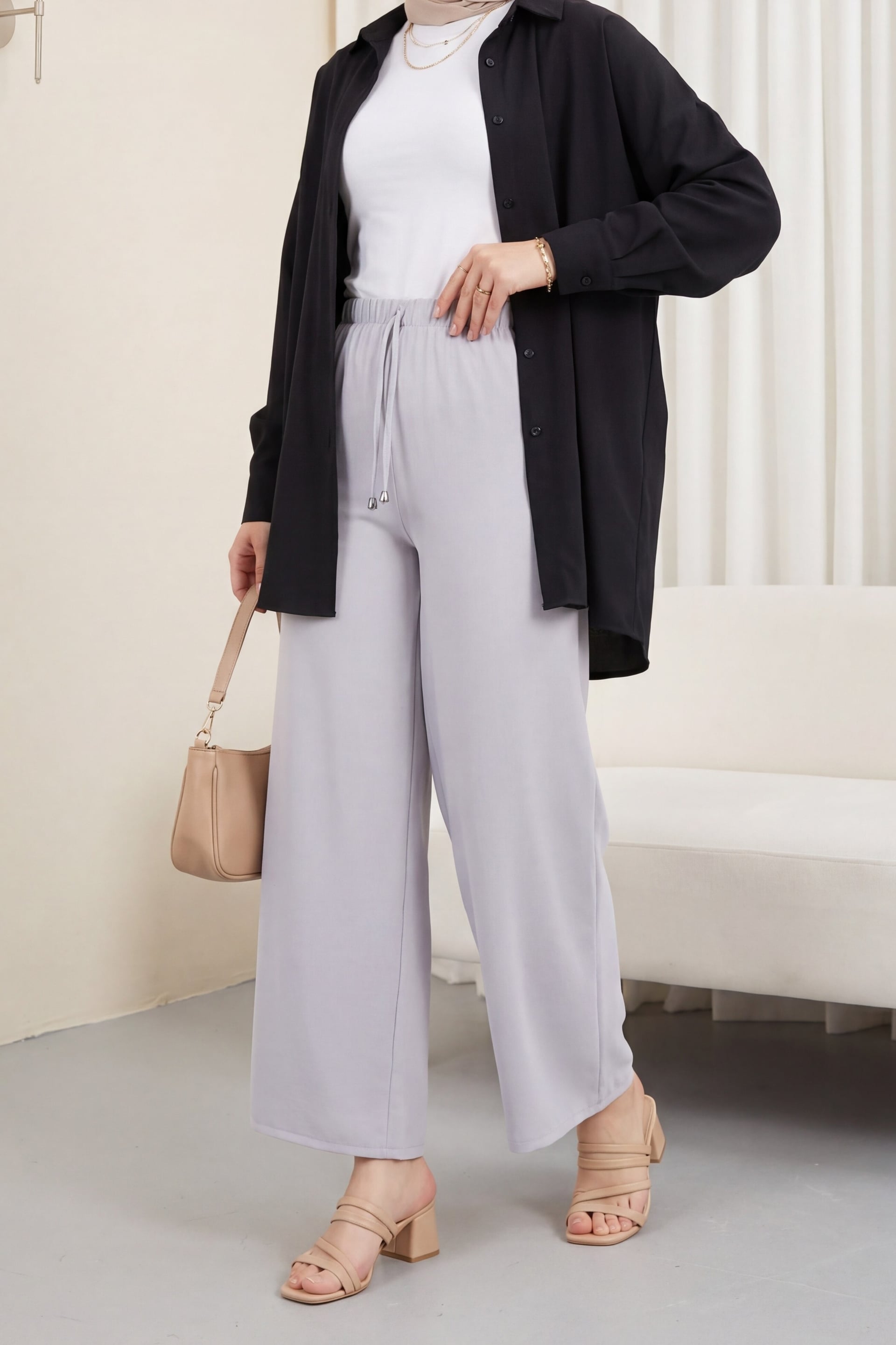 Drawstring Wide-Leg Elastic Waist Trousers - Grey - Podyumplus - by Peralane