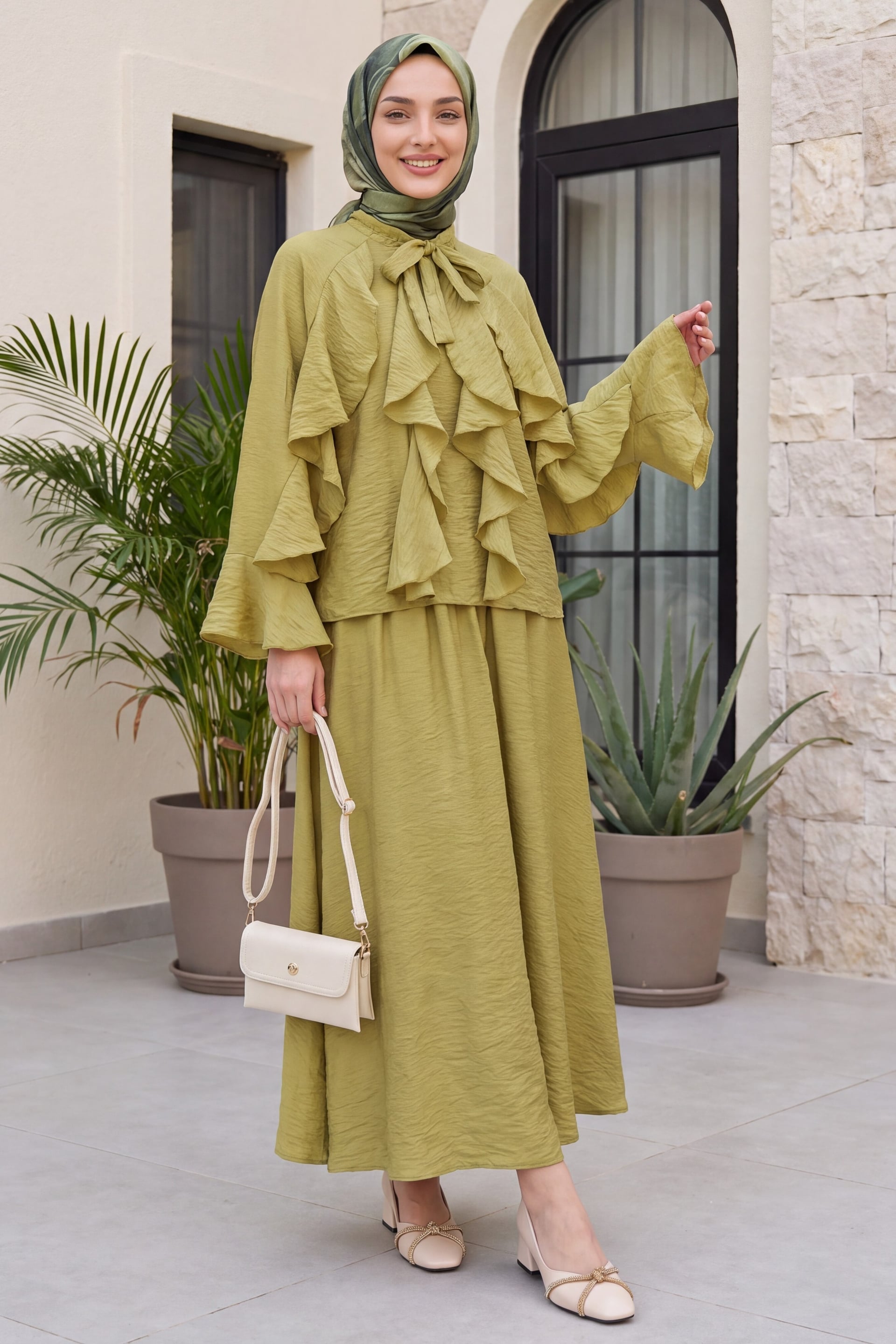 Tie-Neck Ruffle Detail Lined Tulle Modal Modest Set – Olive Green - Podyumplus - by Peralane - photo 3