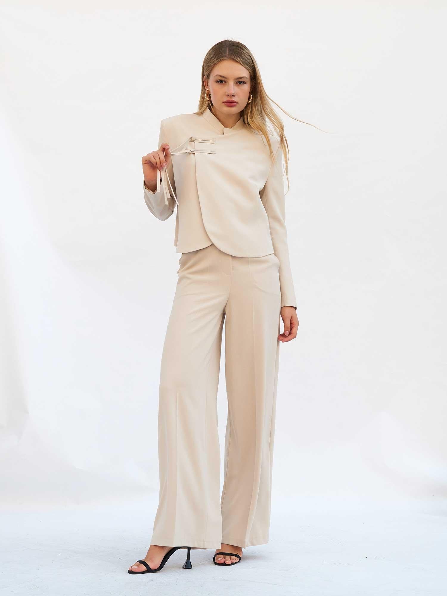 Women's Beige Asymmetric Jacket and Trousers Set - Lefon - by Peralane - photo 4