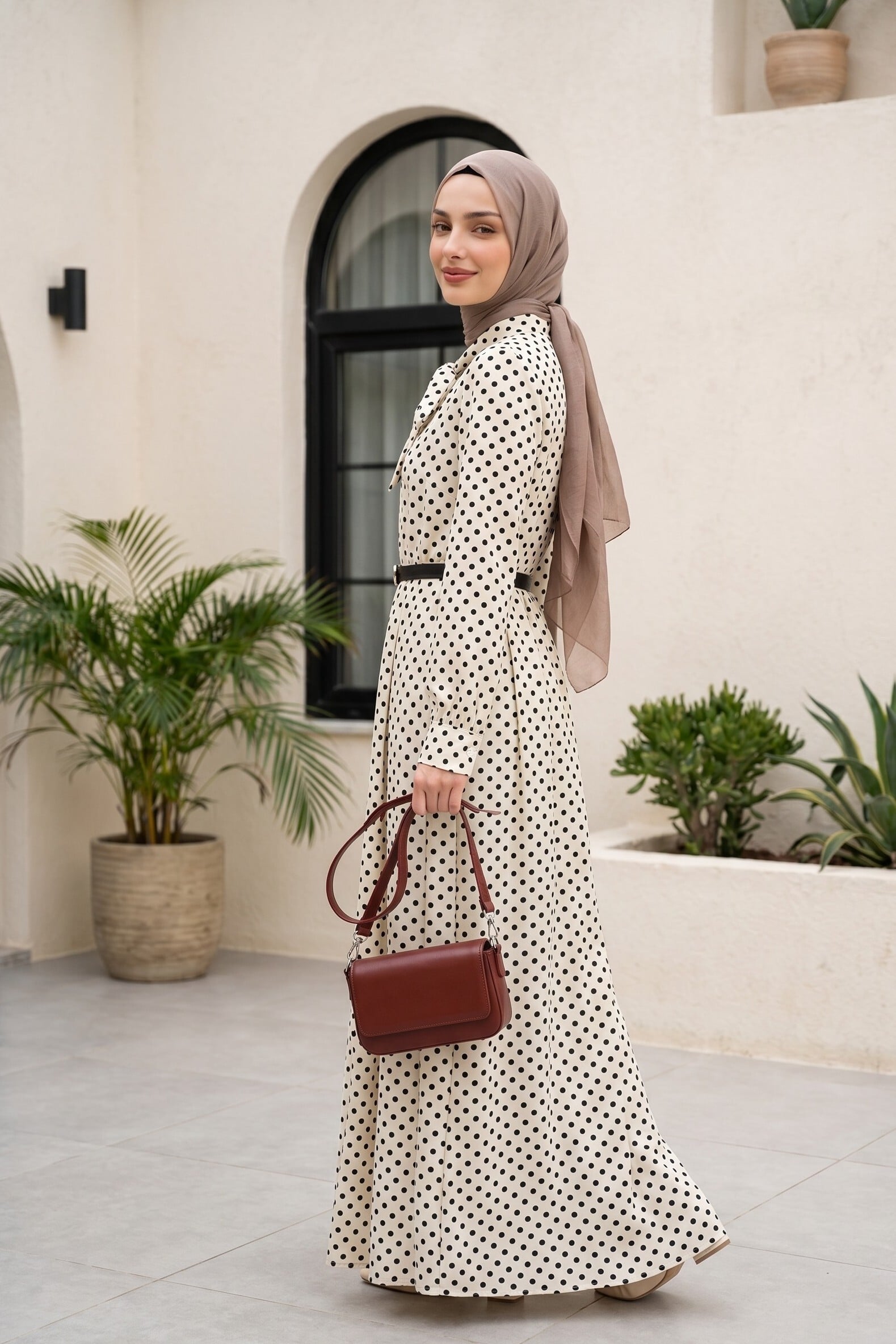 Cream Polka Dot Viscose Dress with Tie Collar and Belted Waist - Podyumplus - by Peralane - photo 3