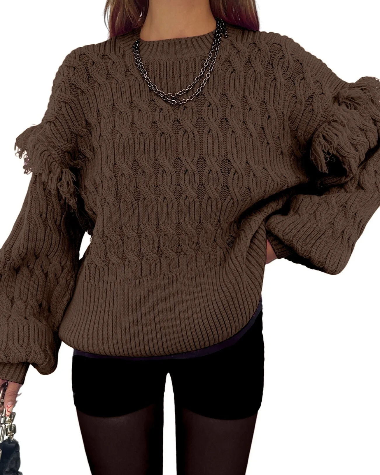 Brown Cable-Knit Sweater with Fringed Shoulders - Podyumplus - by Peralane - photo 4