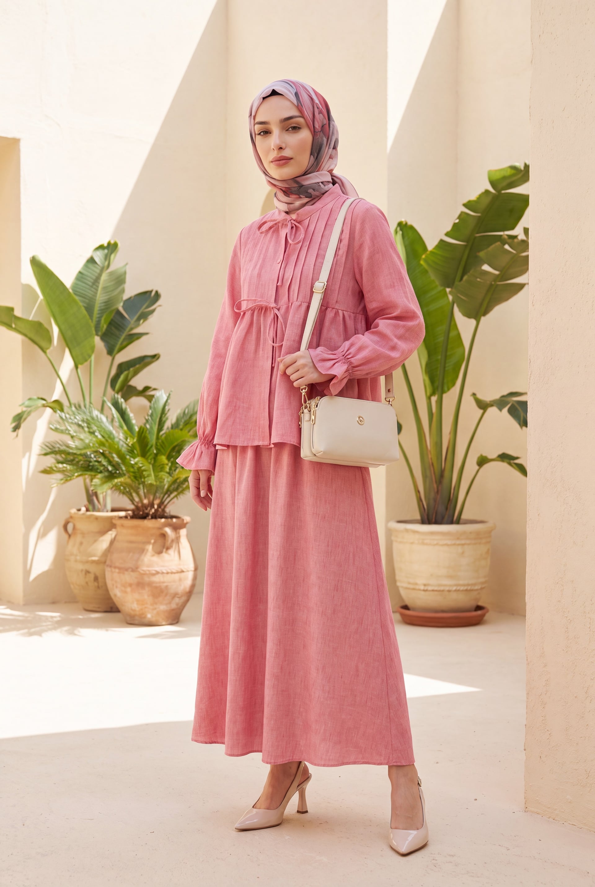 Half Button Tie Front Linen Look Two Piece Modest Set with Skirt - Pomegranate - Podyumplus - by Peralane - photo 4