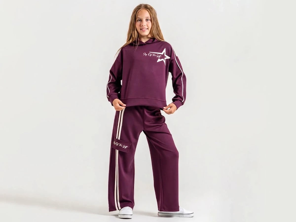 Girls' Star Print Zip Hooded Tracksuit Set with Pockets - Plum (Pack of 4) - ÖZ Bebe - by Peralane