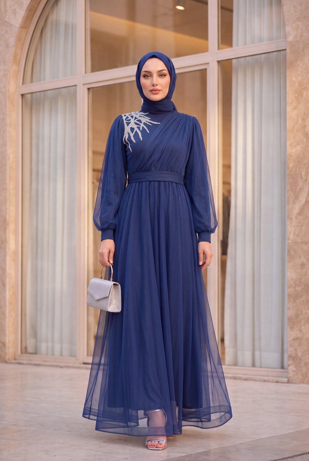 Navy Blue Stone Detail Draped Tulle Evening Dress with Belt - Podyumplus - by Peralane - photo 3