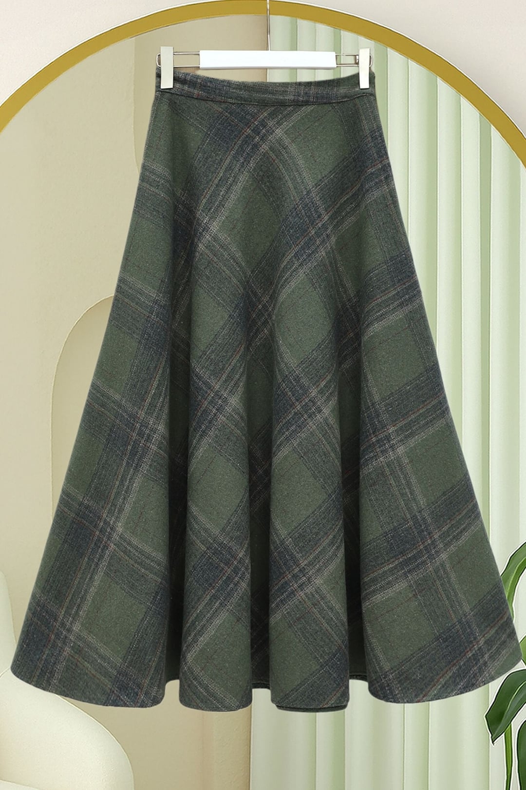 Winter Plaid Wool Blend A-Line Skirt with Side Zipper - Khaki - Podyumplus - by Peralane - photo 4