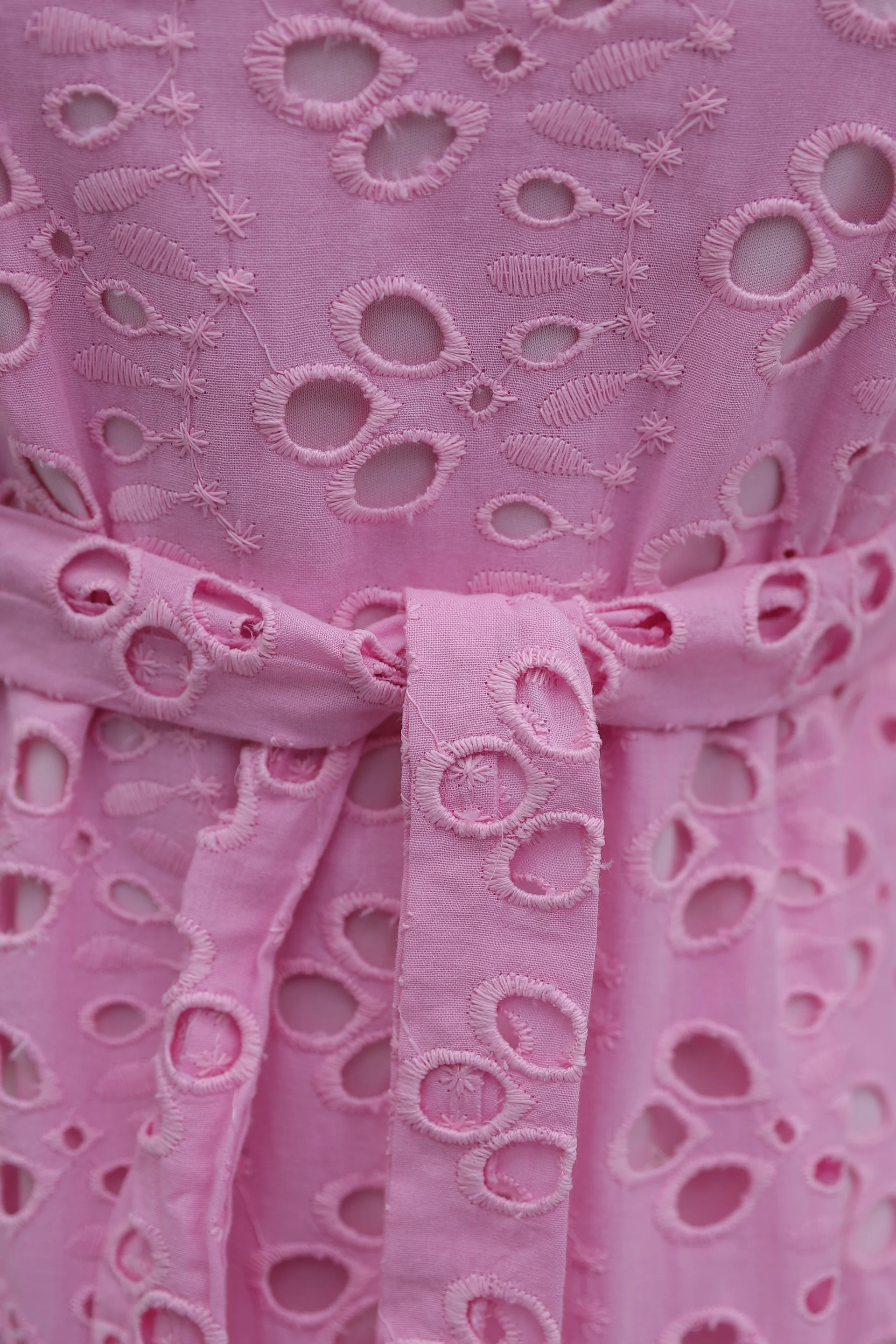 Pink Floral Eyelet Long Linen Look Dress with Round Neck and Ruffled Cuffs - Podyumplus - by Peralane - photo 8