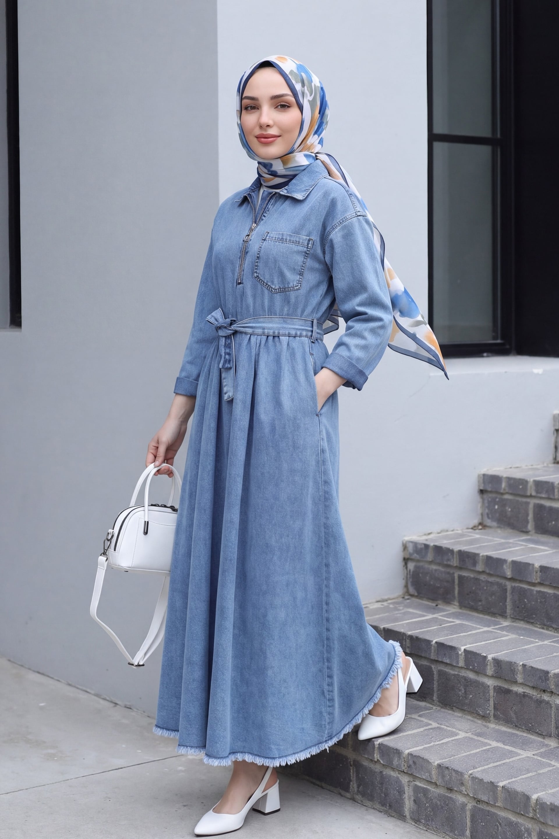 Half-Zip Waist-Tie Pocket Denim Dress - Ice Blue - Podyumplus - by Peralane - photo 2