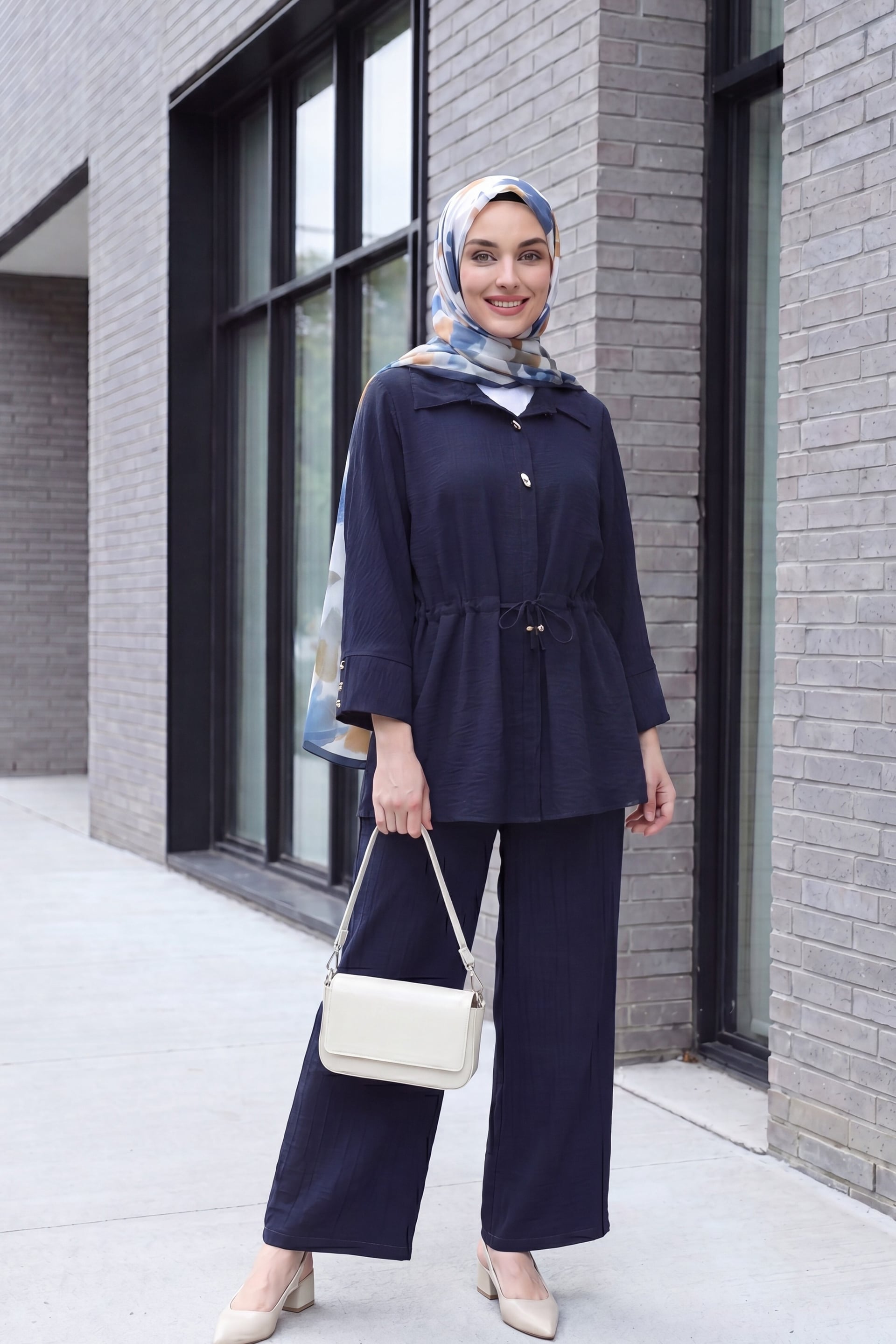 Navy Blue Cotton Crinkle Two-Piece Tunic and Wide-Leg Trousers Set - Podyumplus - by Peralane - photo 3