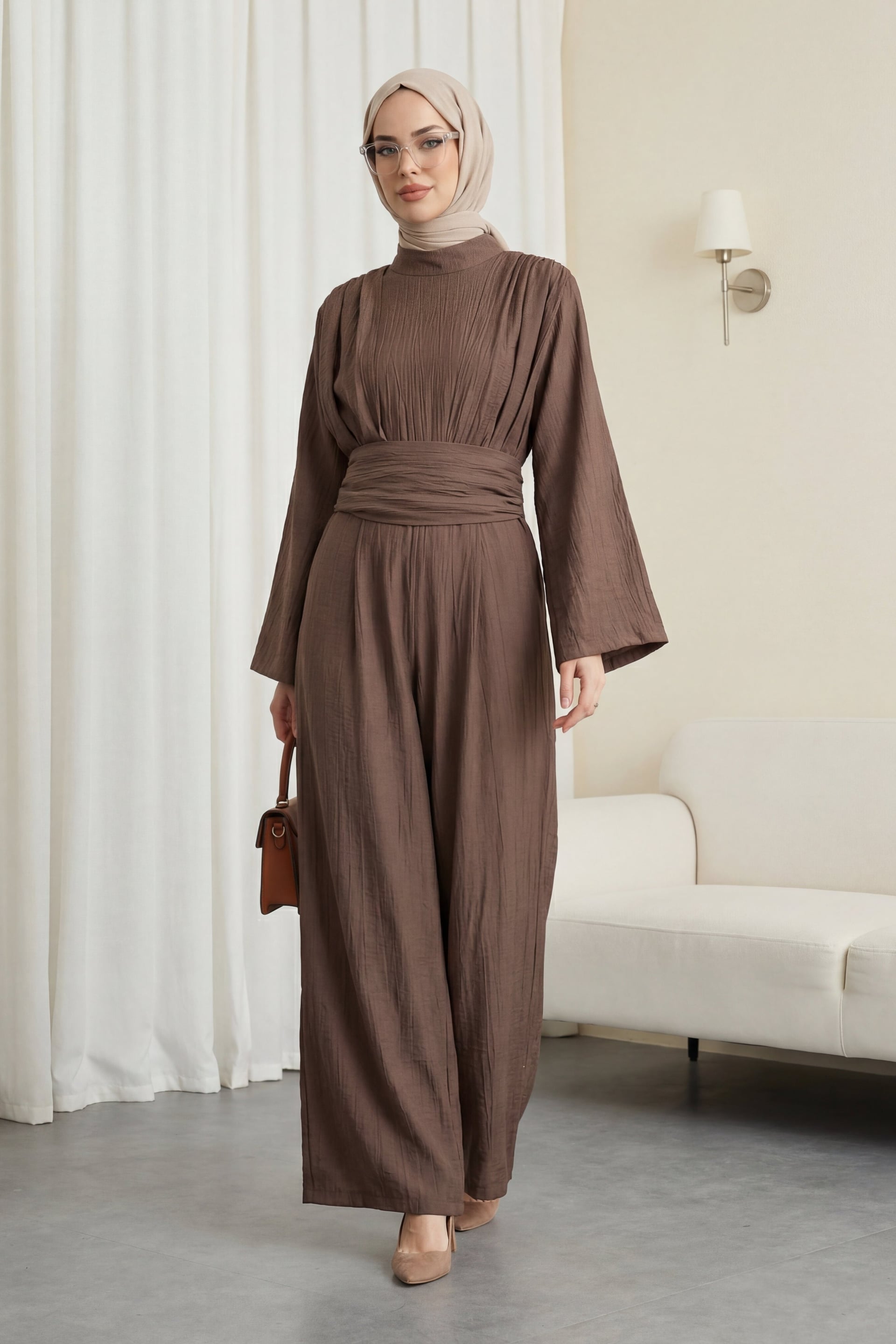 High Neck Pleated Detail Pocketed Belted Jumpsuit - Brown - Podyumplus - by Peralane - photo 3