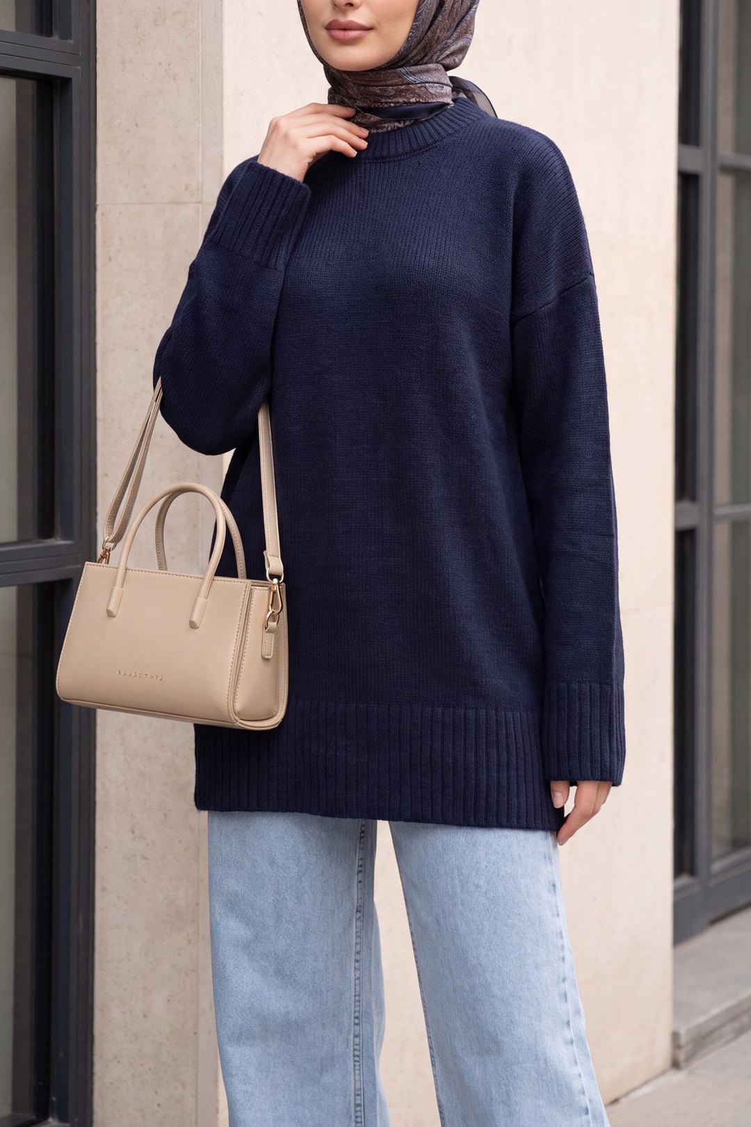 Ribbed Hem and Sleeve Relaxed Knit Tunic - Dark Navy - Podyumplus - by Peralane