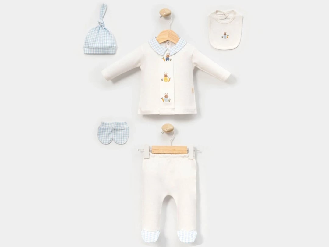 Baby Boy Hospital Exit Set with Bunny Embroidery and Gingham Hat - Cayzen - by Peralane