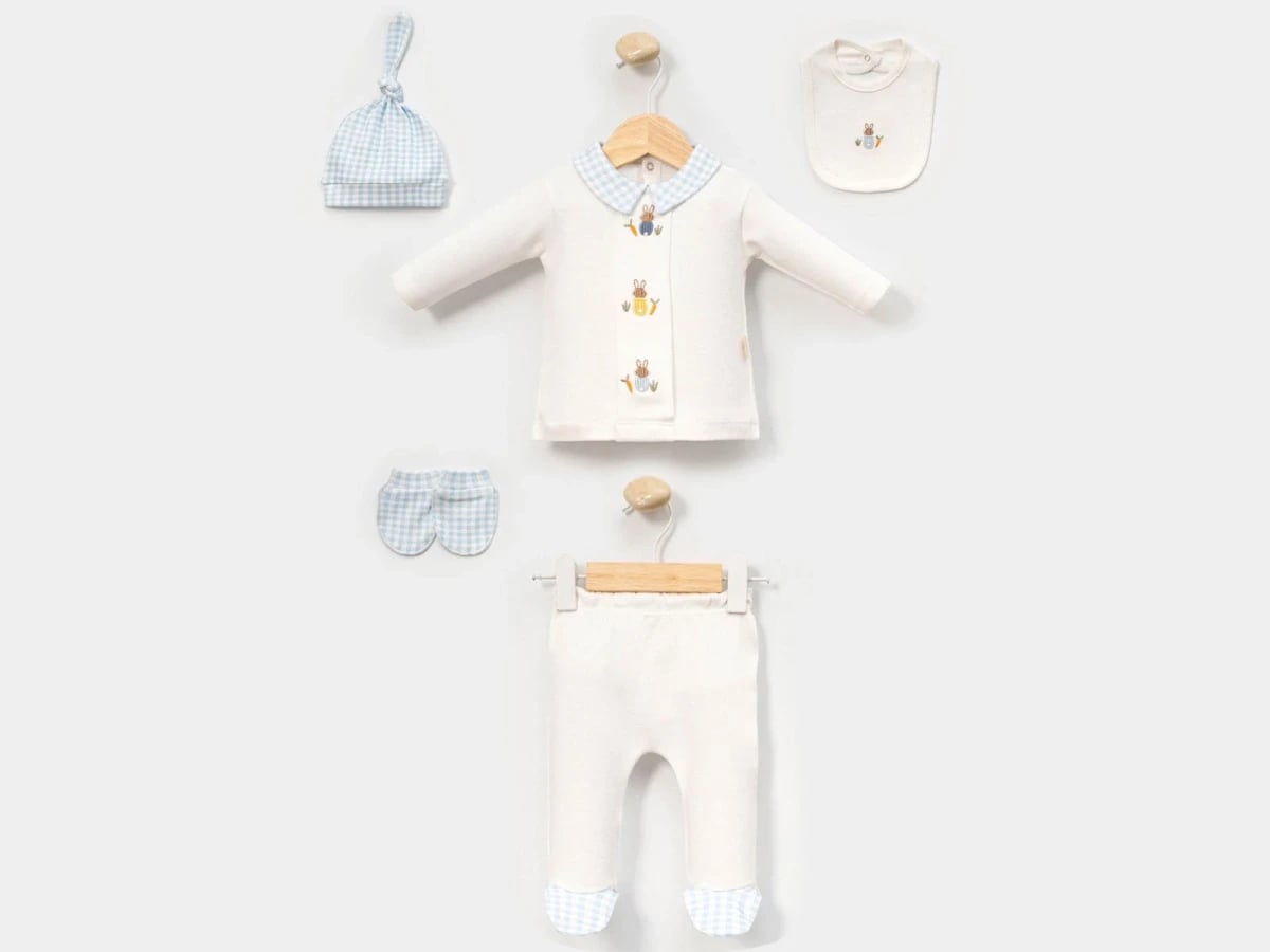 Baby Boy Hospital Exit Set with Bunny Embroidery and Gingham Hat - Cayzen - by Peralane