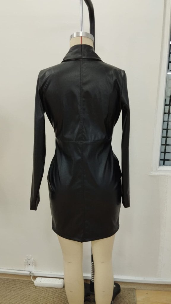 Women's Long Sleeve Faux Leather Mini Dress with Lapel Collar and Asymmetric Hem - Janes - by Peralane - photo 5