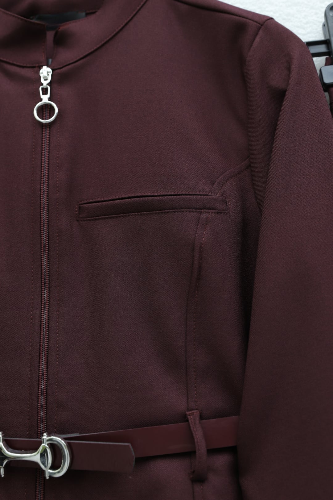 Zip-Front Pocket Detail Belted Skirt Suit Set in Burgundy - Podyumplus - by Peralane - photo 8