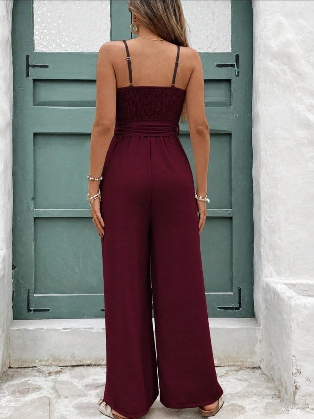 Women's Spaghetti Strap V-Neck Wrap Jumpsuit with Belt - Janes - by Peralane - photo 4