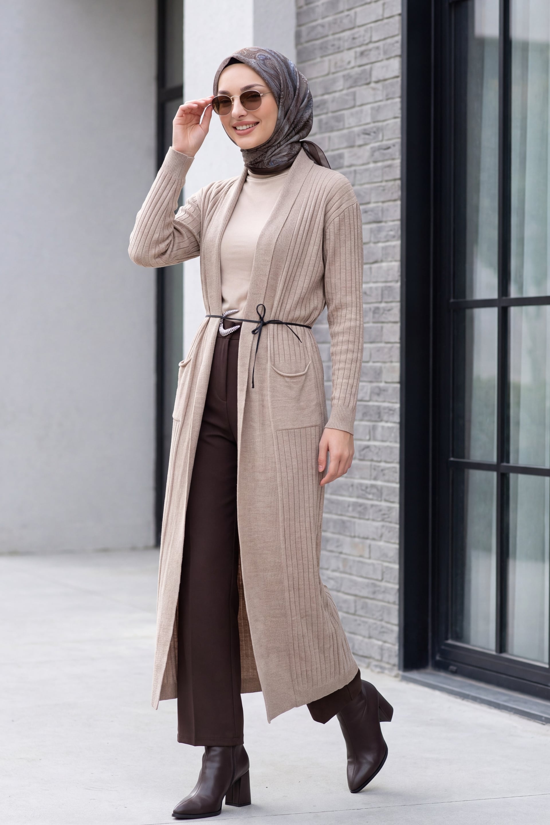 Long Ribbed Knit Cardigan with Belt - Beige - Bigdart - by Peralane - photo 3