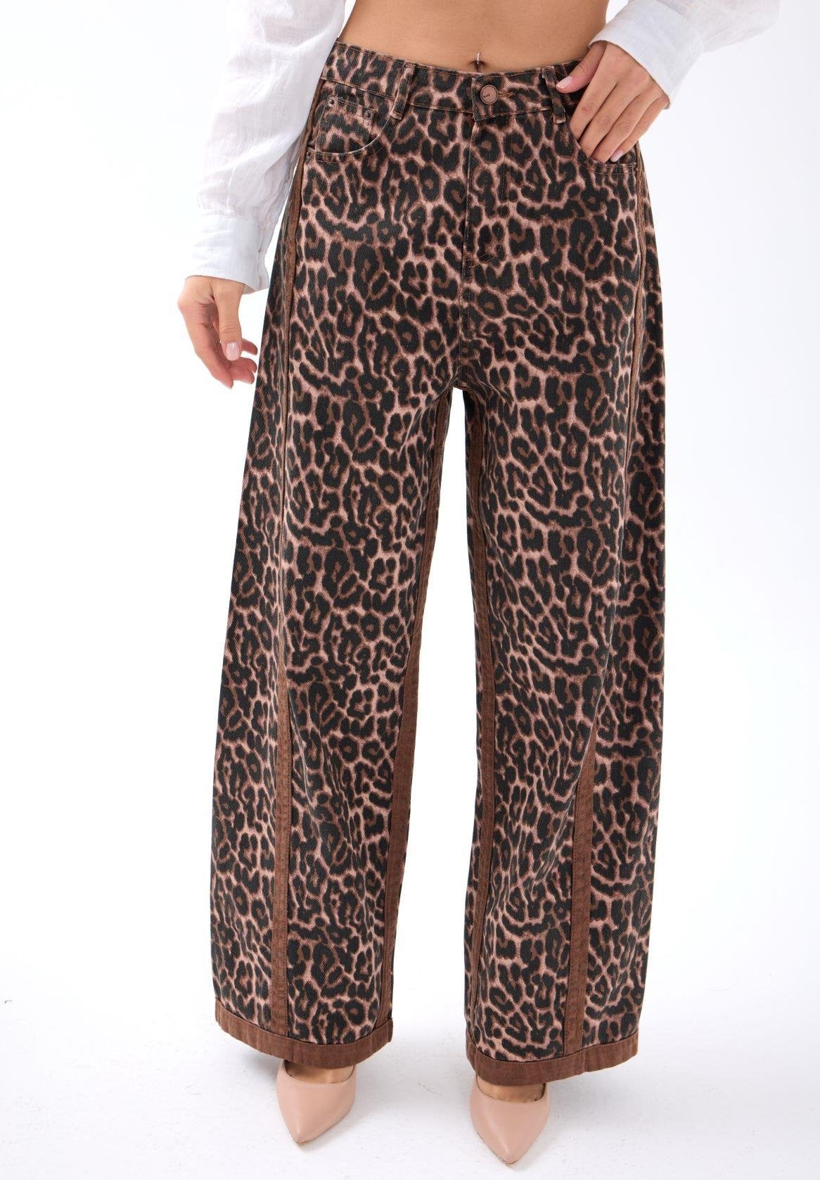 Wide-Leg Leopard Print Trousers with Dark Brown Trim - Fame - by Peralane - photo 2