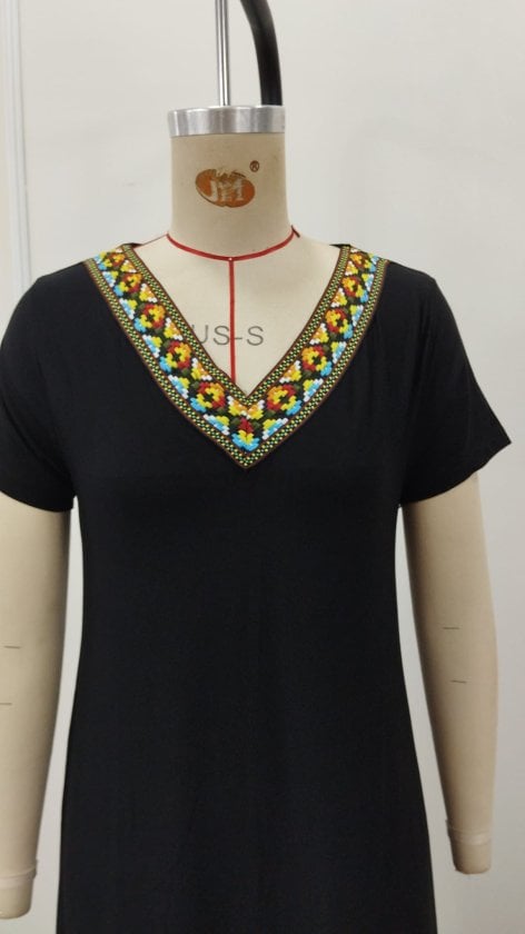 Women's Short Sleeve V-Neck Ethnic Stripe Detail Maxi Viscose Dress - Janes - by Peralane - photo 8