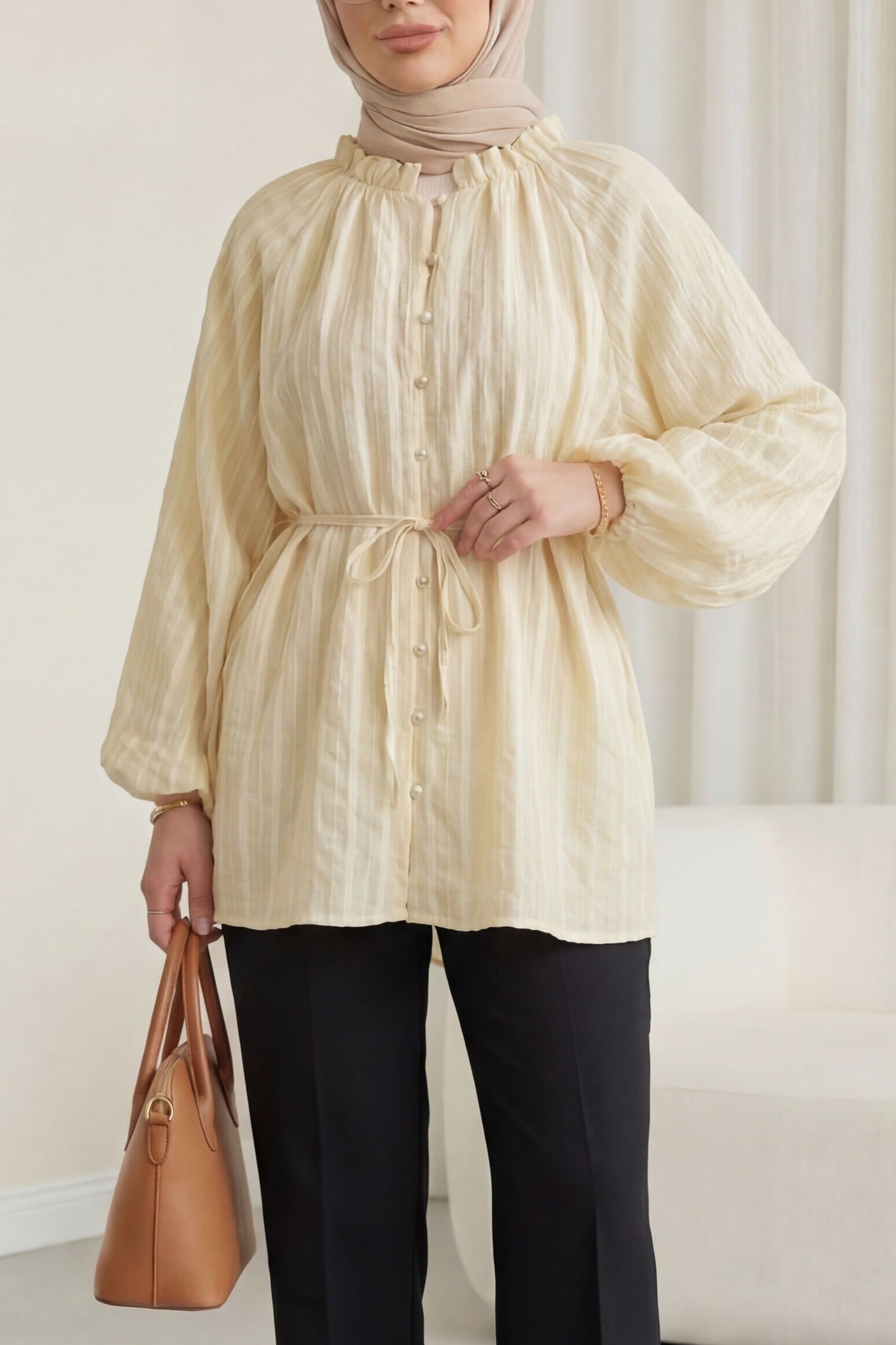 Ruffled Neck Balloon Sleeve Gofre Tunic - Pale Yellow - Podyumplus - by Peralane - photo 6