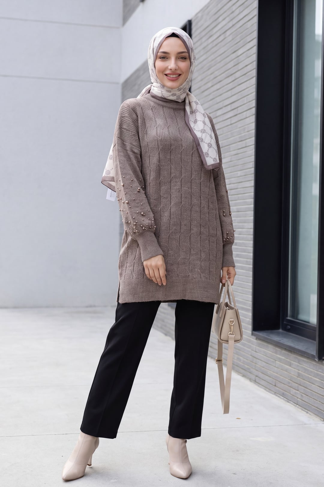 Pearl Detail Patterned Relaxed Knit Tunic - Light Brown - Podyumplus - by Peralane - photo 4