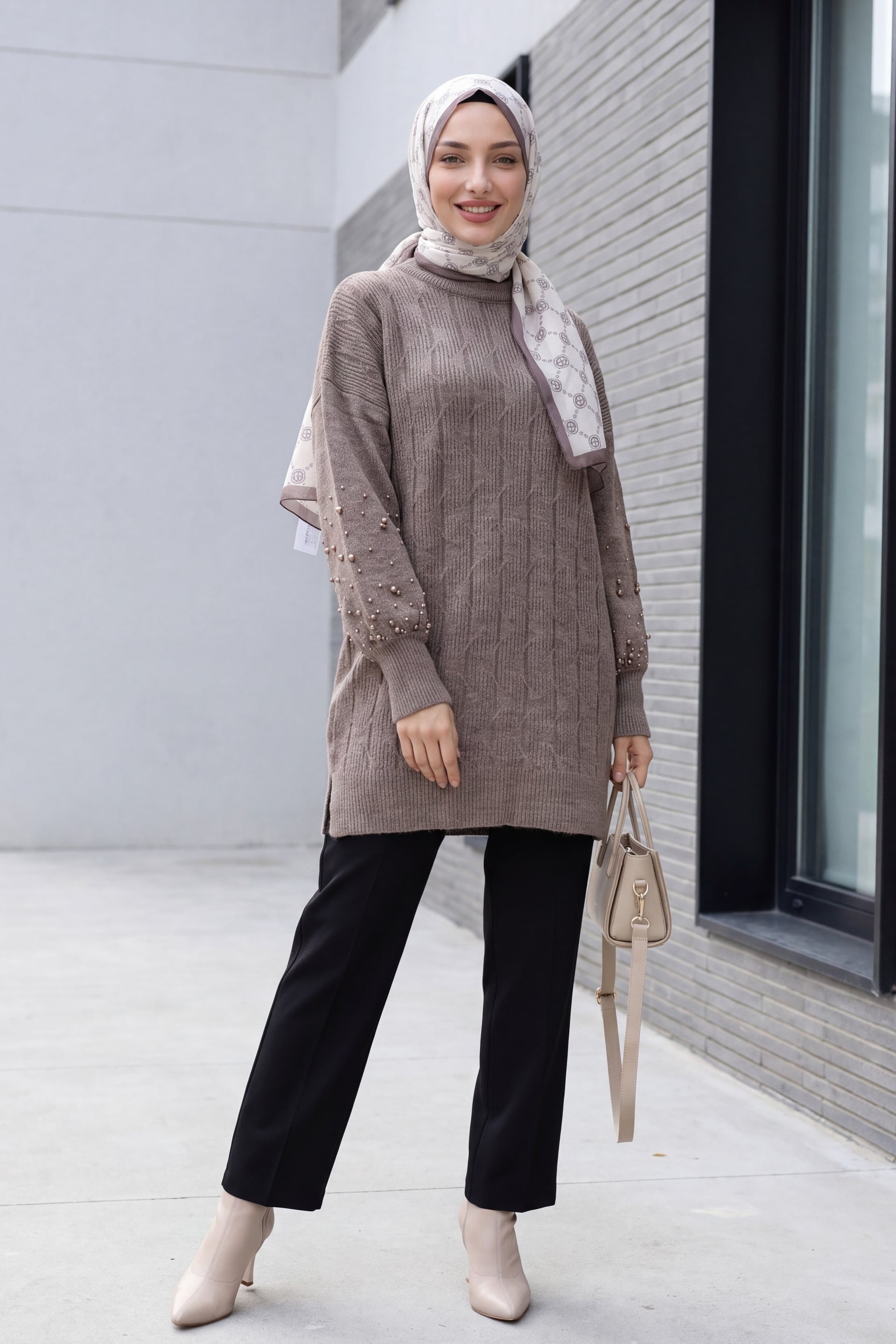 Pearl Detail Patterned Relaxed Knit Tunic - Light Brown - Podyumplus - by Peralane - photo 4
