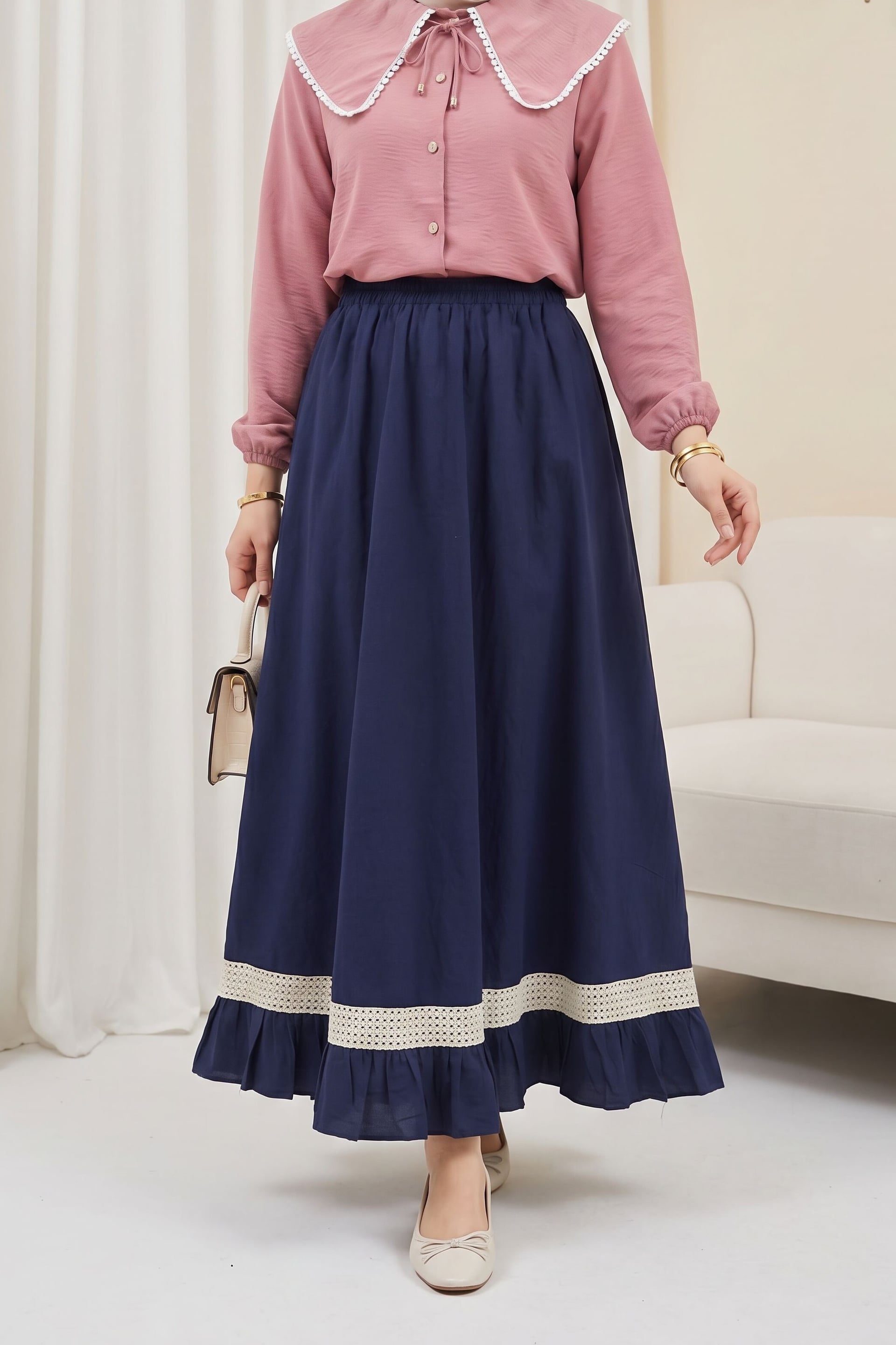 Elasticated Waist Voile Skirt with Lace and Ruffle Detail - Navy Blue - Podyumplus - by Peralane