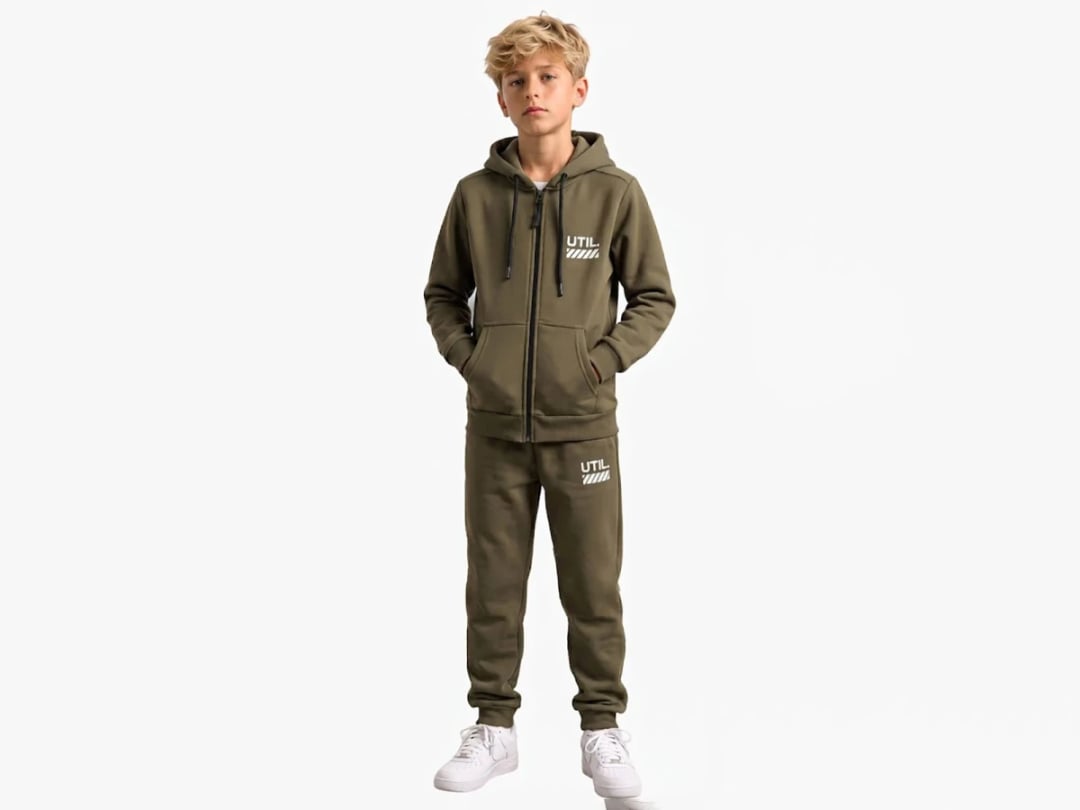 Kids' Olive Green Zip-Up Tracksuit Set with Print - Koska - by Peralane