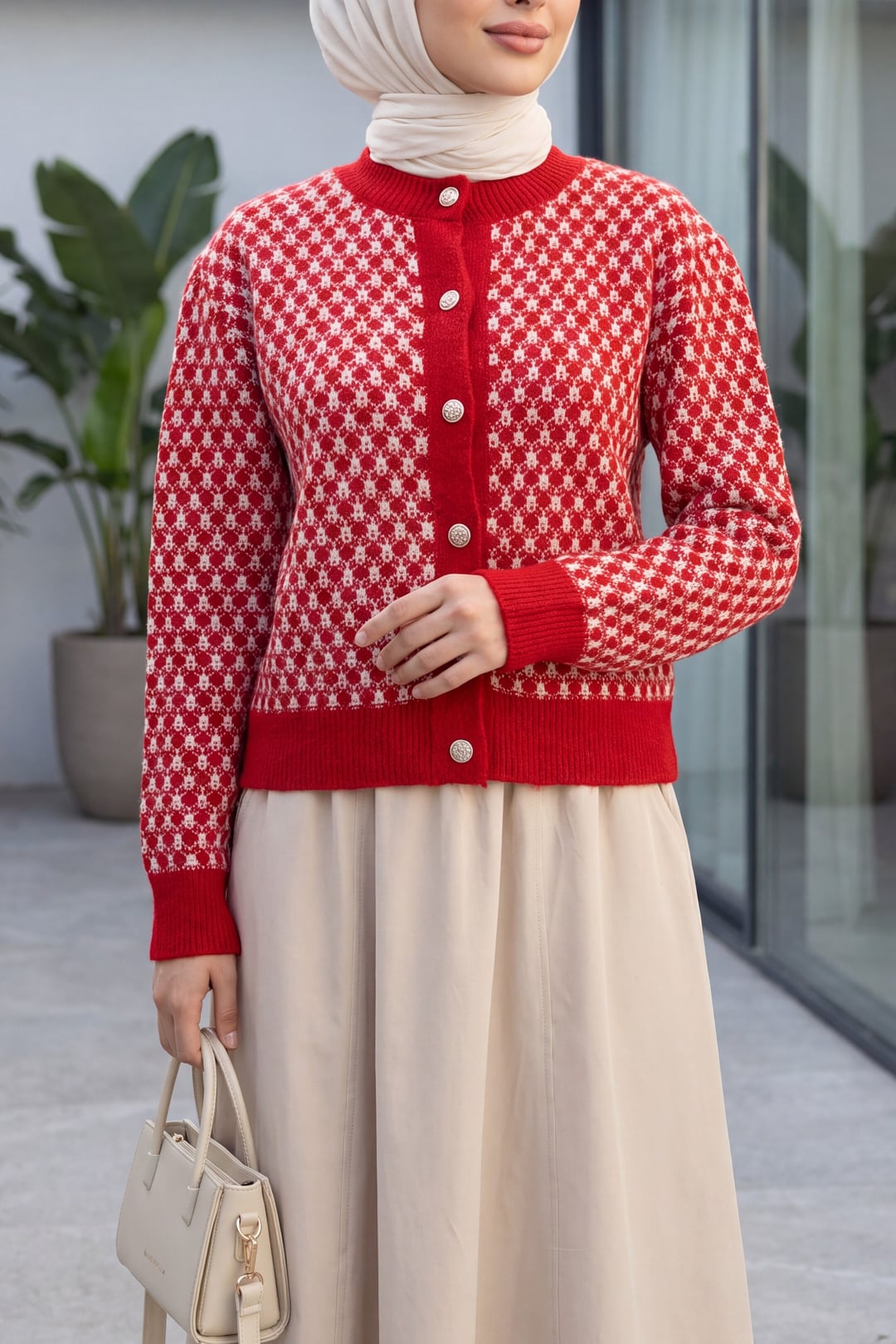 Round Neck Buttoned Patterned Knit Cardigan - Red - Podyumplus - by Peralane