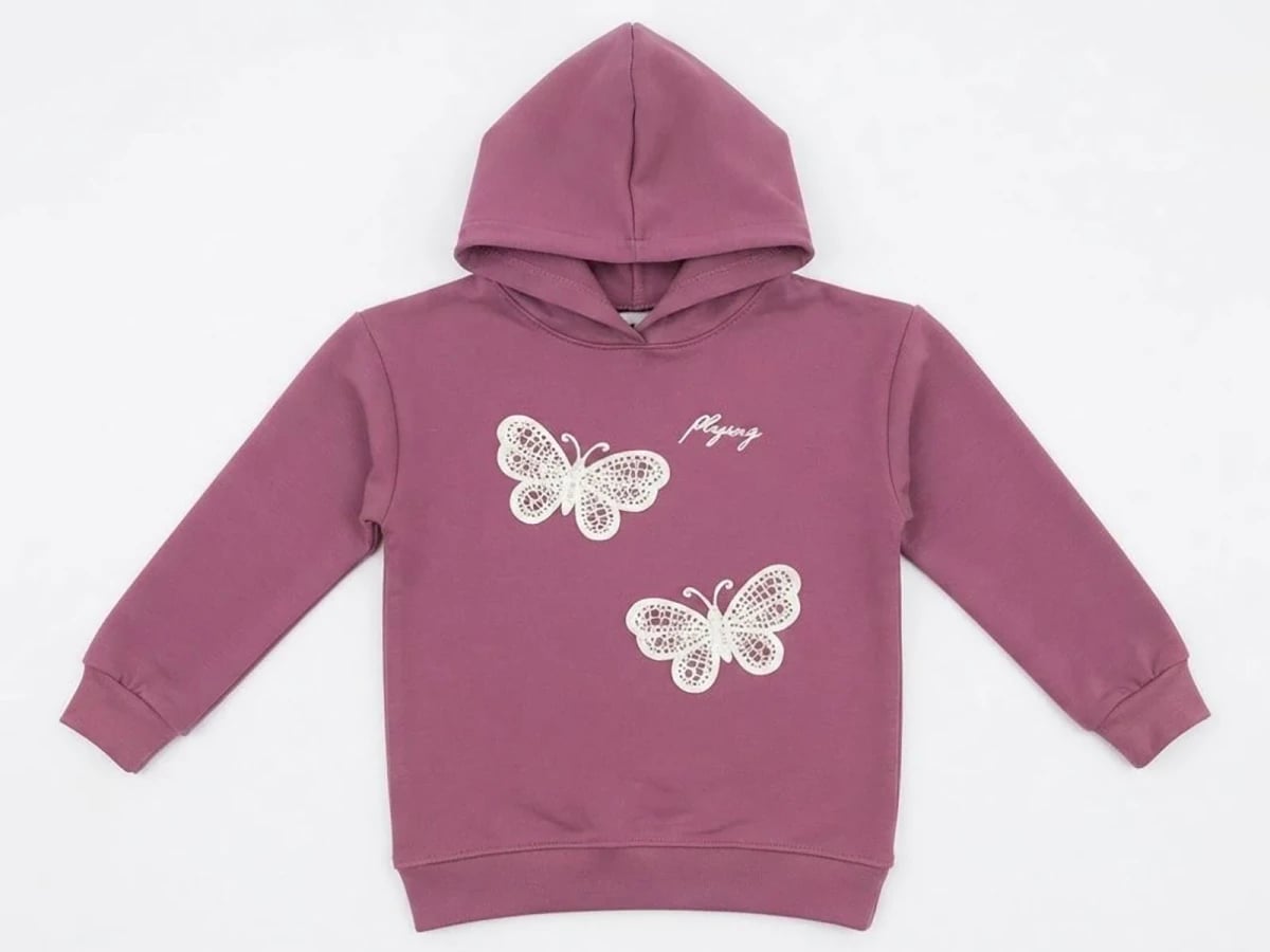 Girls' Hooded Sweatshirt with Butterfly Embroidery - Muted Mauve - CMK - by Peralane