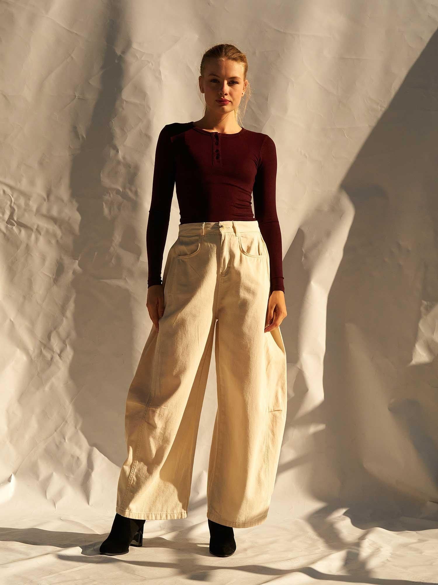 Burgundy Long-Sleeve Henley T-Shirt and Cream Wide-Leg Trousers Set - Lefon - by Peralane