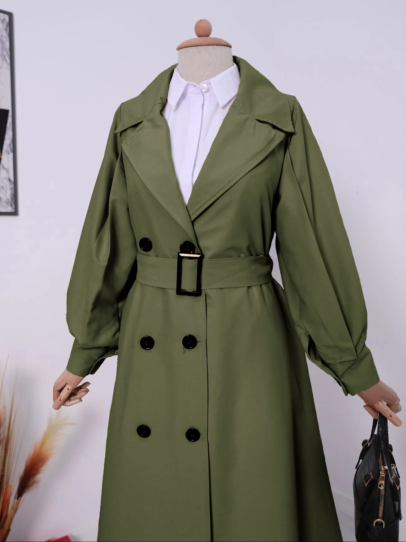 Oversize Belted Balloon Sleeve Trench Coat - Olive Green - Podyumplus - by Peralane - photo 4