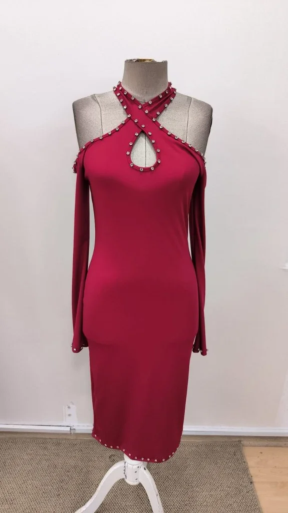 Women's Halter Neck Rhinestone Midi Dress - Dark Red - Janes - by Peralane - photo 5
