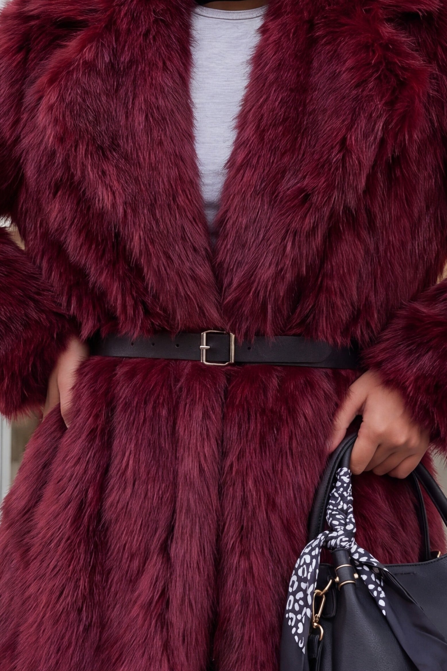 Women's Oversized Faux Fur Coat with Belt - Bordeaux - Bigdart - by Peralane - photo 6