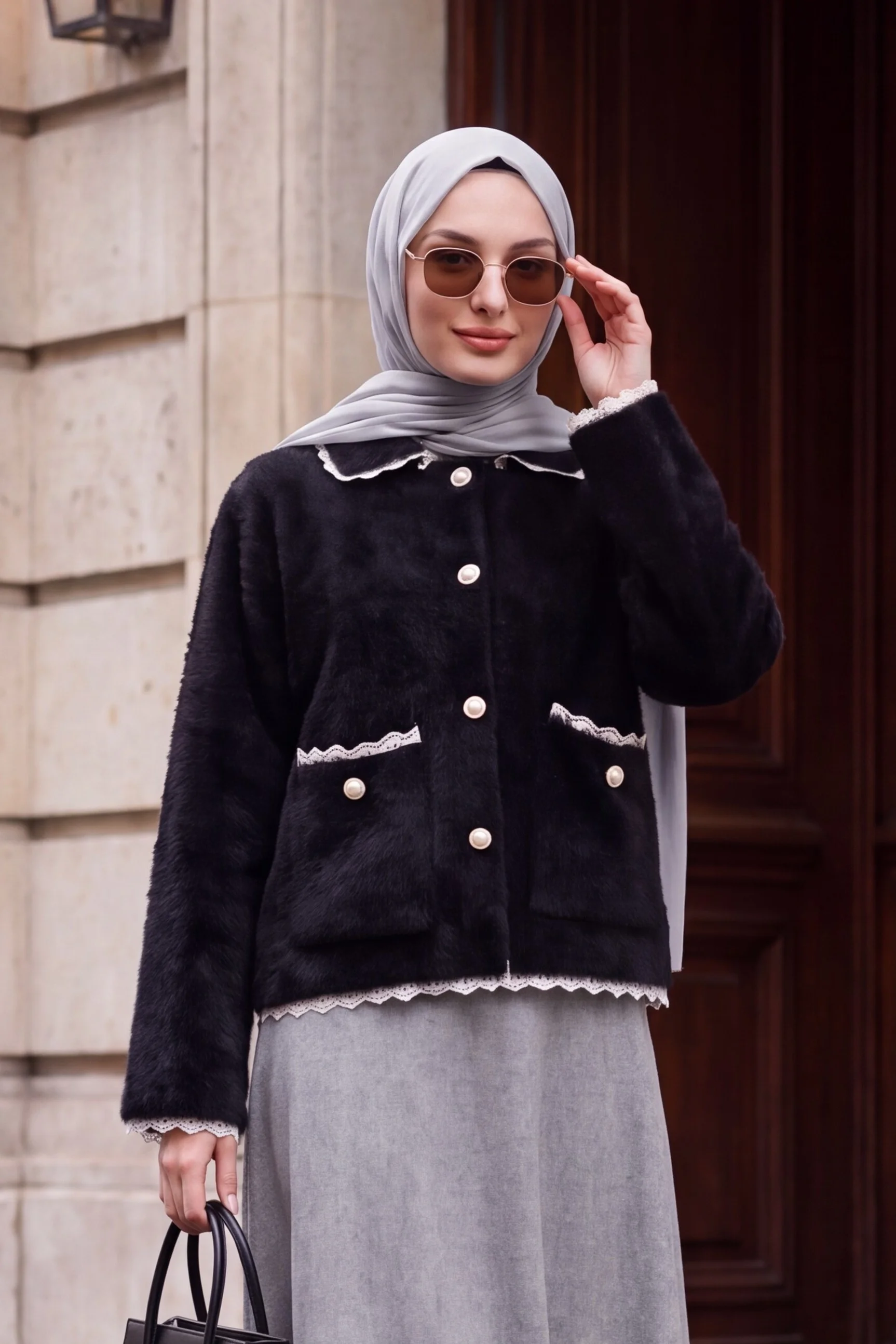 Black Lace Trim Pearl Button Cardigan with Pockets - Podyumplus - by Peralane - photo 2