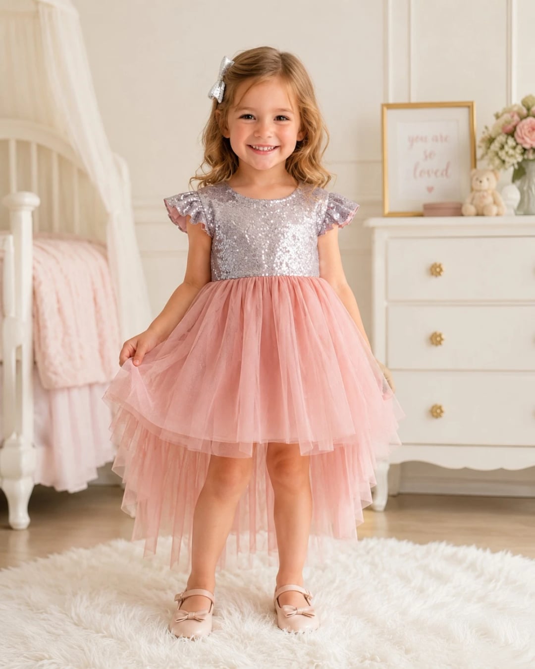 Girls' Sequin Bodice Tulle Dress with Flutter Sleeves - Has Bereket - by Peralane
