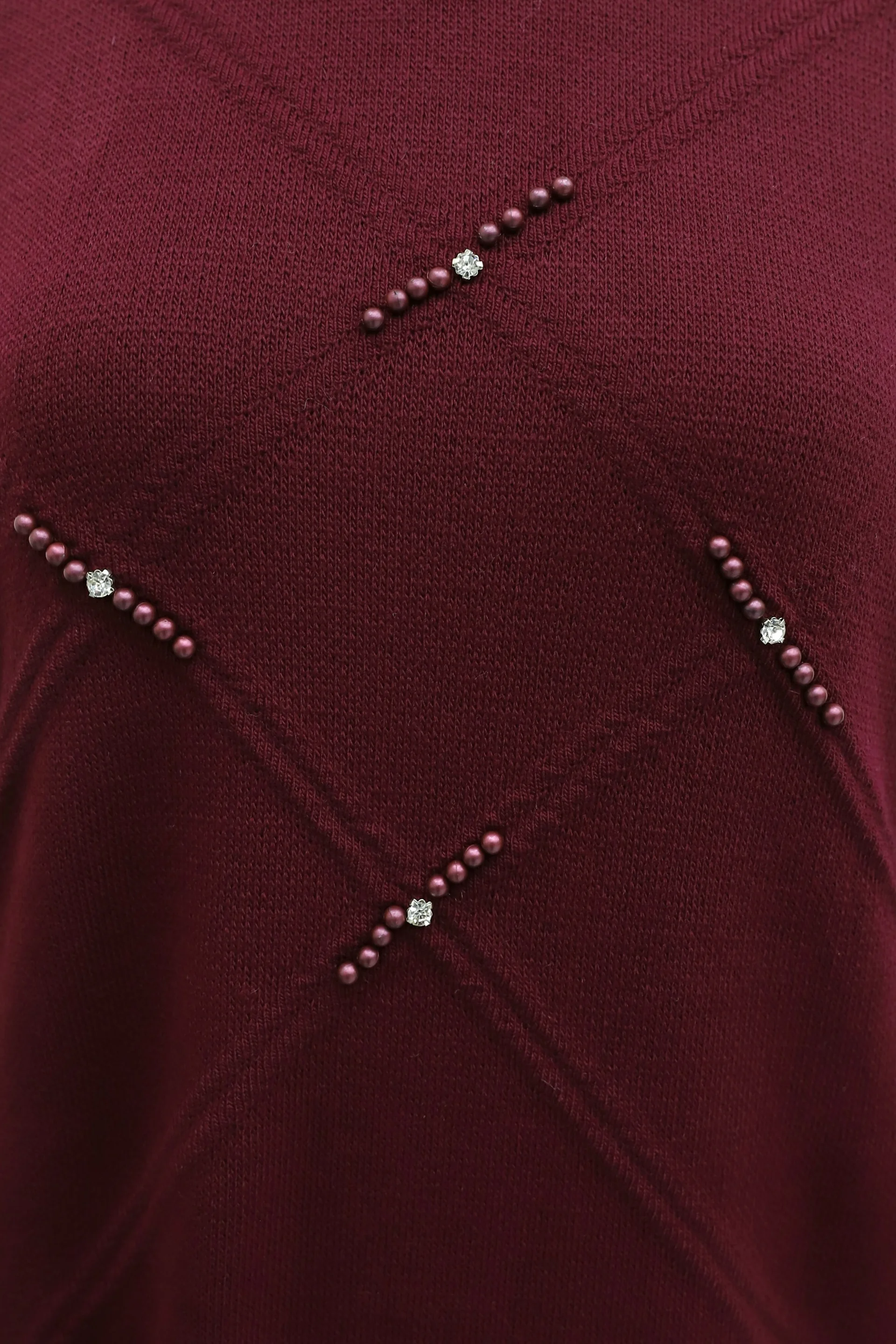 Beaded Patterned Knit Dress with Pearl and Stone Details - Burgundy - Podyumplus - by Peralane - photo 7