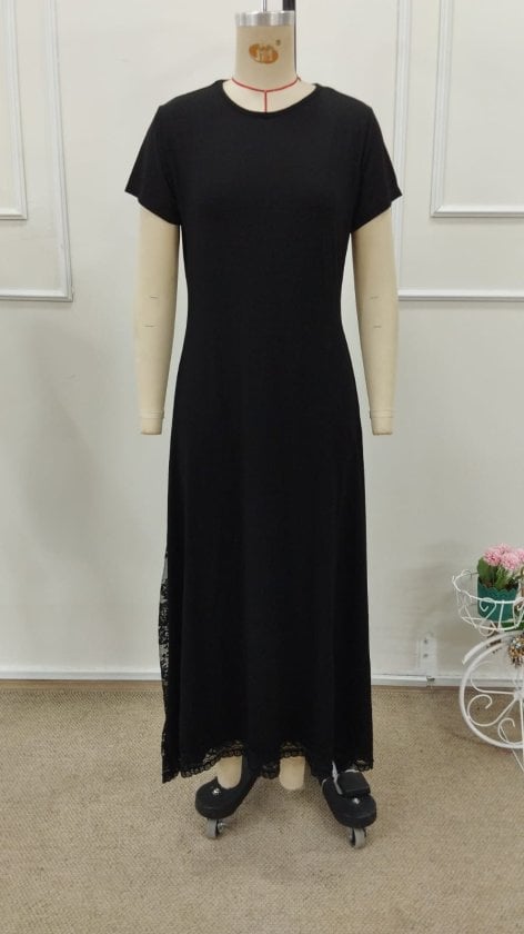 Women's Short Sleeve Round Neck Side Slit Lace Detail Long Viscose Dress - Janes - by Peralane - photo 5
