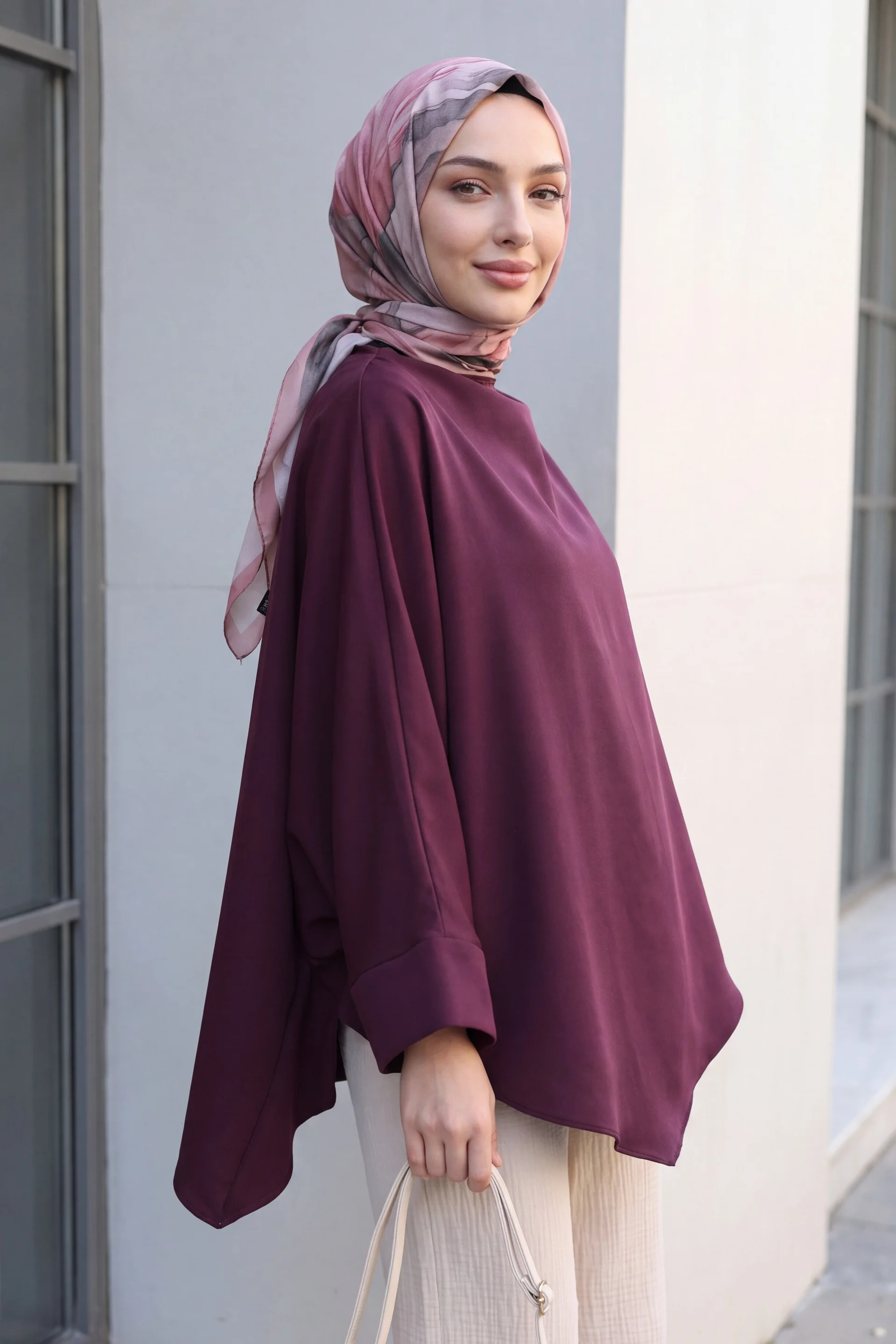 Shoulder Button Batwing Sleeve Modal Kimono Poncho - Plum - Podyumplus - by Peralane - photo 2