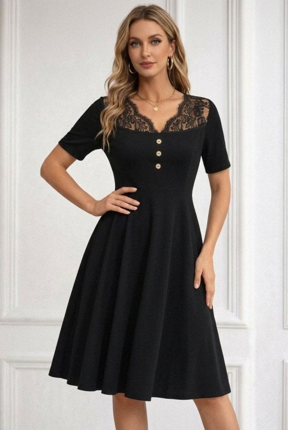 Women's Short Sleeve Lace V-Neck Buttoned Crepe Dress - Janes - by Peralane - photo 2