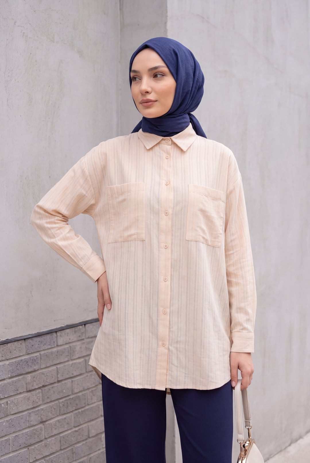Women's Beige Long-Sleeved Collared Blouse with Pinstripes - Podyumplus - by Peralane